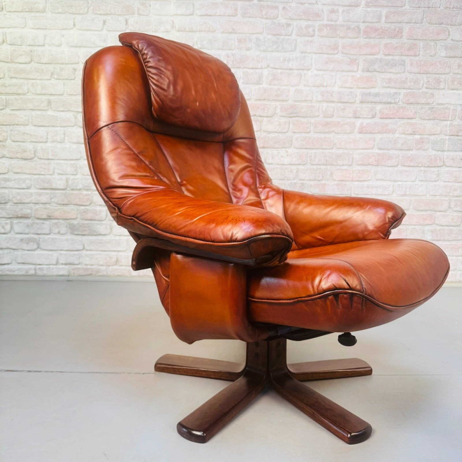 Vintage Danish Tan Leather Reclining Chair & Matching Footstool