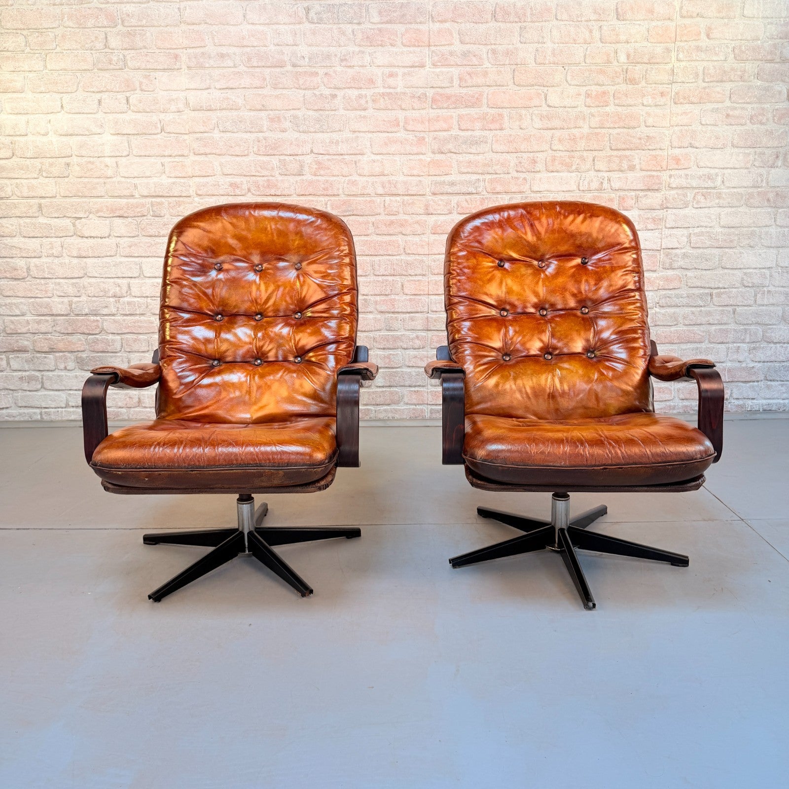 Vintage Pair Danish Tan Leather Swivel Chairs Hand Dyed Cognac Patina