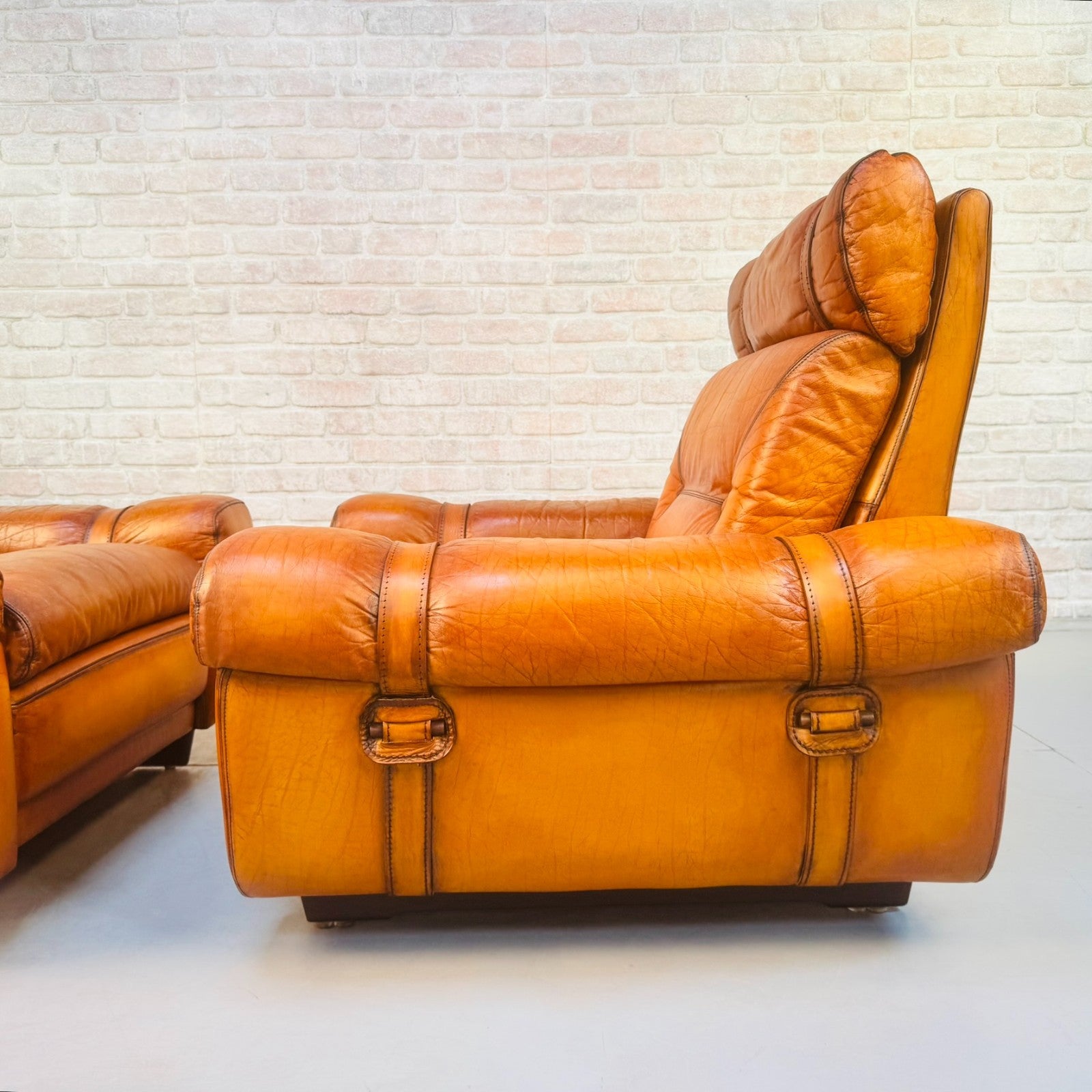 Pair Vintage Skippers Danish His & Hers Light Tan Leather Armchairs
