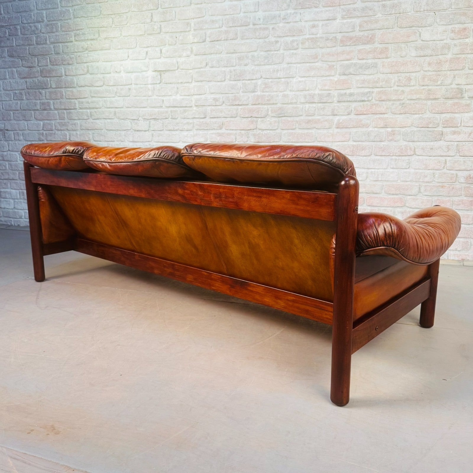 Long Vintage Swedish Tan Leather Three Seater Sofa