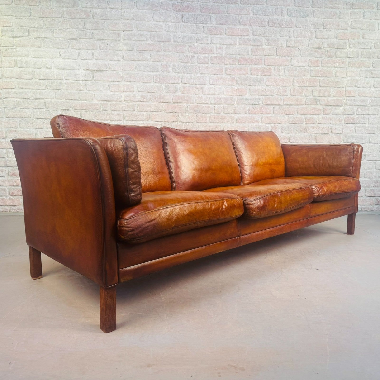 Vintage Long 70s Danish Mogens Hansen Tan Leather 3 Seater Sofa Feather Cushions