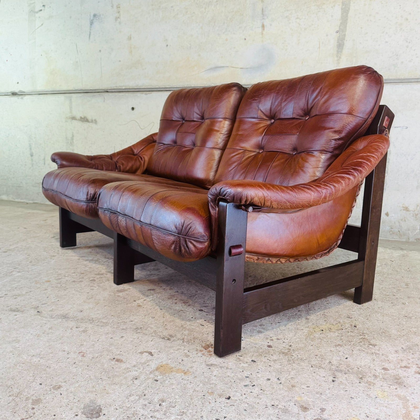 1970s Jean Gillon Brazilian Oak & Tan Leather Two-Seater Sofa — Rustic