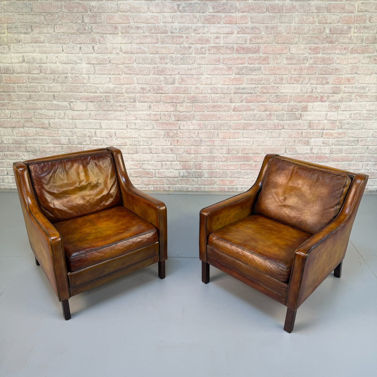 Near Pair Vintage 1970s Mogens Hansen Tan Leather Armchairs Danish Design