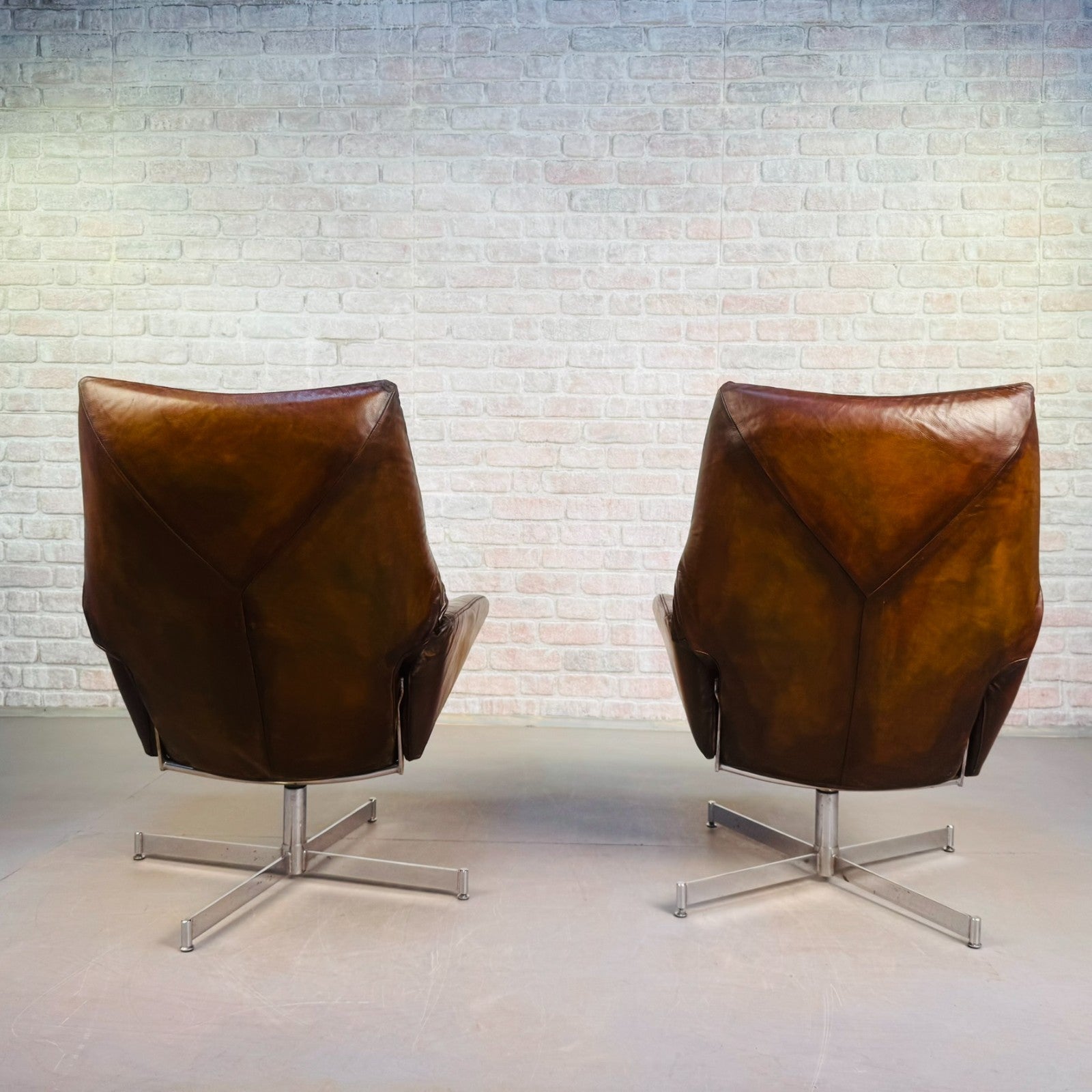 Stylish Vintage Danish Tan Leather Swivel Reclining Armchairs – Beautiful Patina