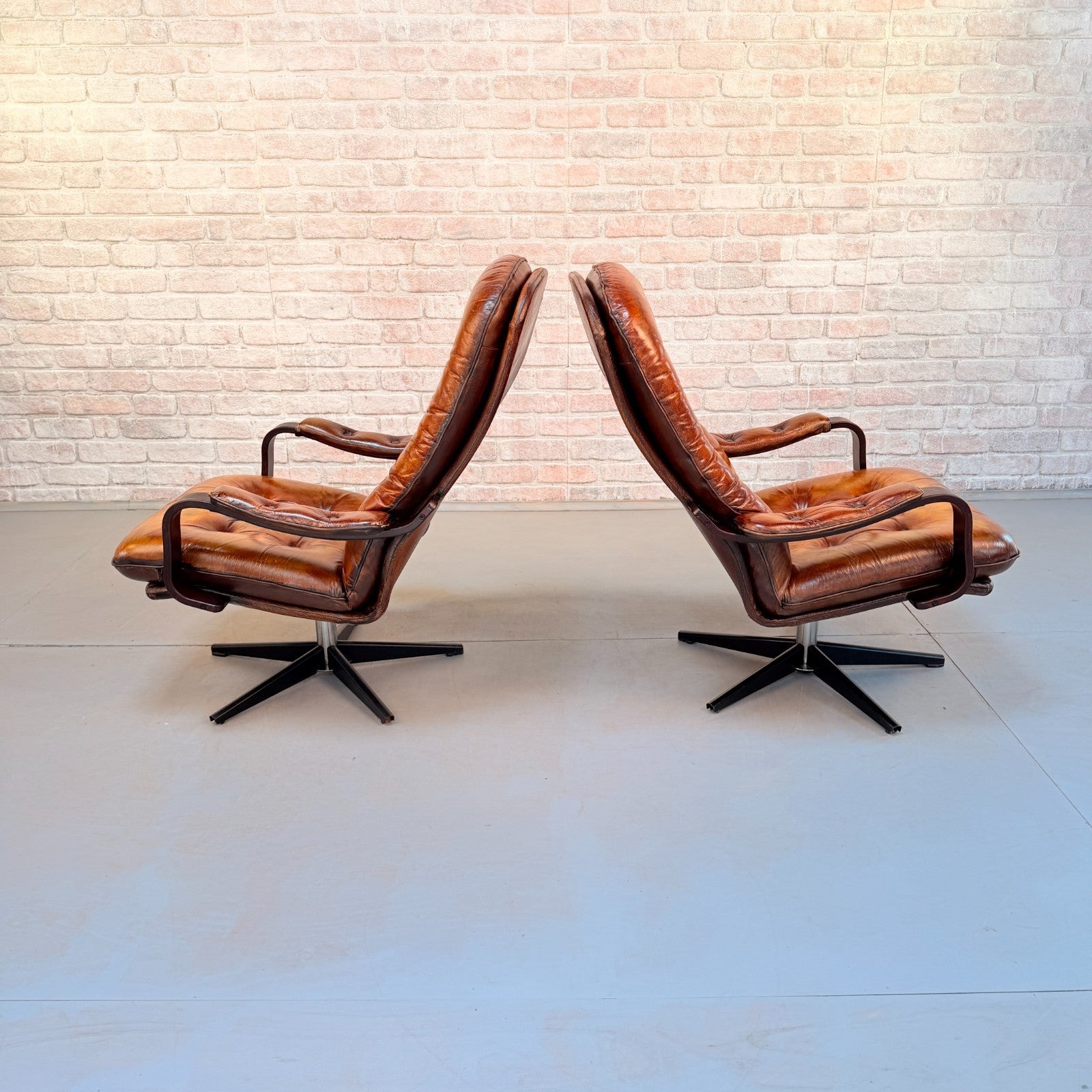 Vintage Pair Danish Tan Leather Swivel Chairs Hand Dyed Cognac Patina