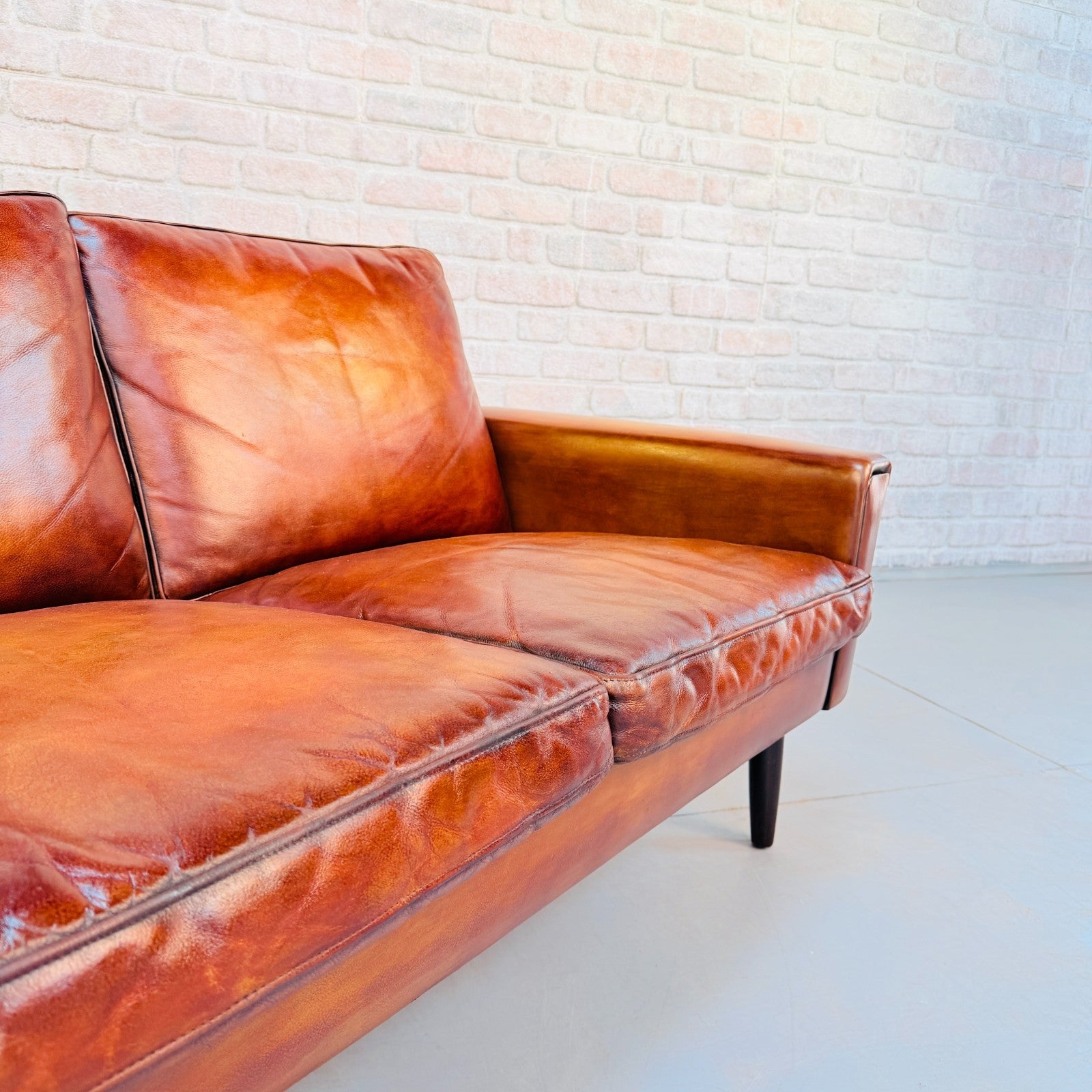 Vintage 1970s George Thams Tan Leather 2 Seater Sofa Hand Dyed Patina