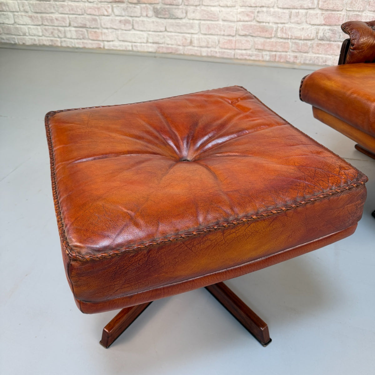 Vintage 1970s Arne Norell Swedish Tan Leather Swivel Chair & Footstool