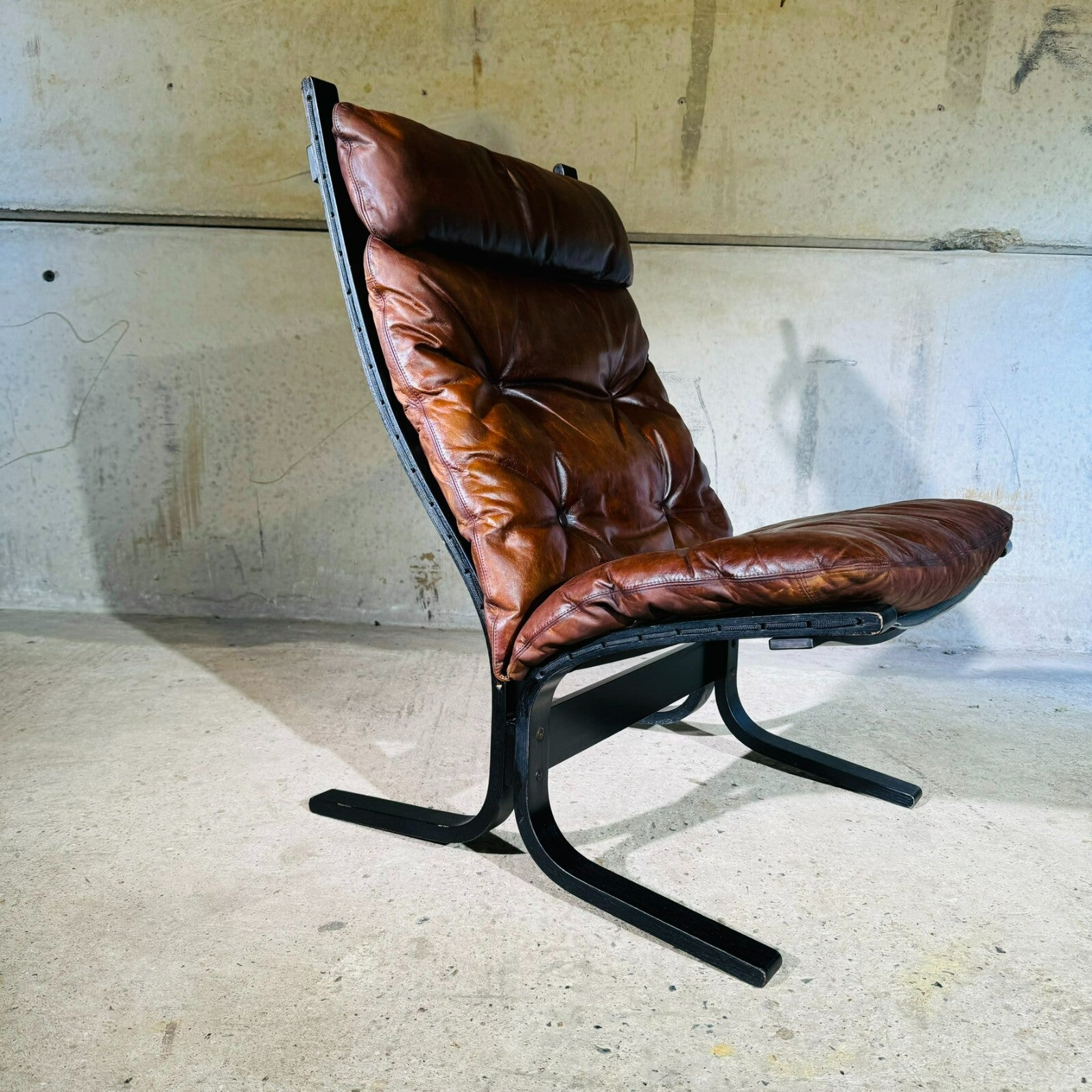 Vintage 1970s Westnofa Highback Tan Leather Chair & Footstool Ebonised Beech