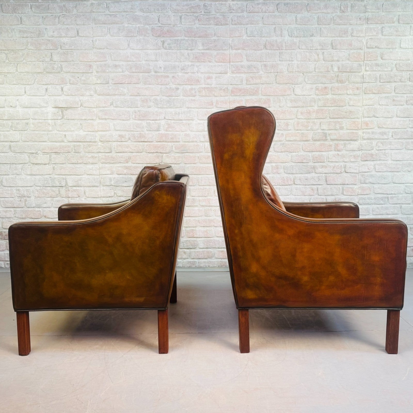 Vintage Danish His & Hers High Back Leather Chairs Pair Light Brown Armchairs