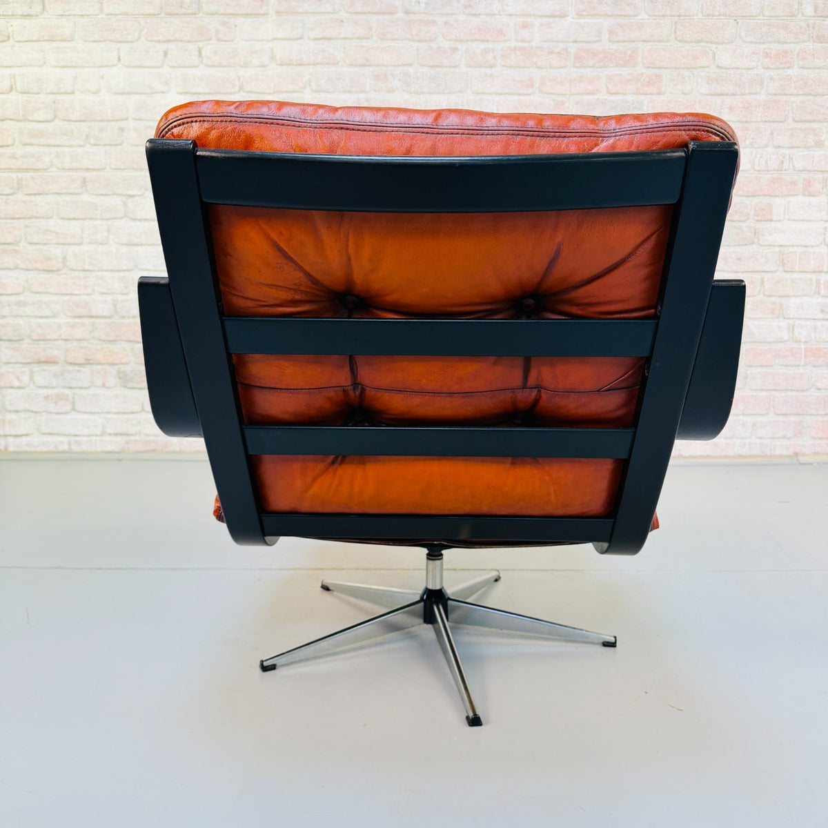 Vintage Danish Cognac Tan Leather Swivel Armchair Black Beech Frame