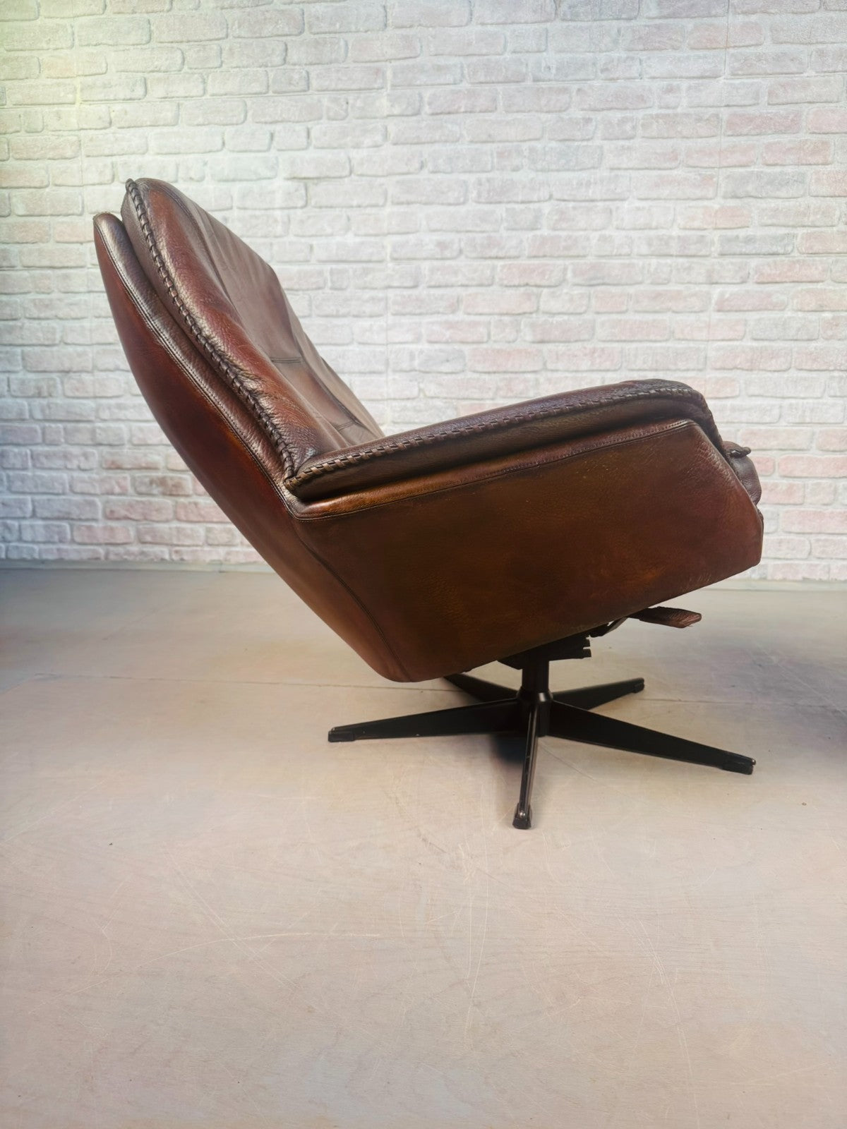 Vintage Pair 1970s Danish Berg Mobler Brown Leather Swivel Chairs Mid Century