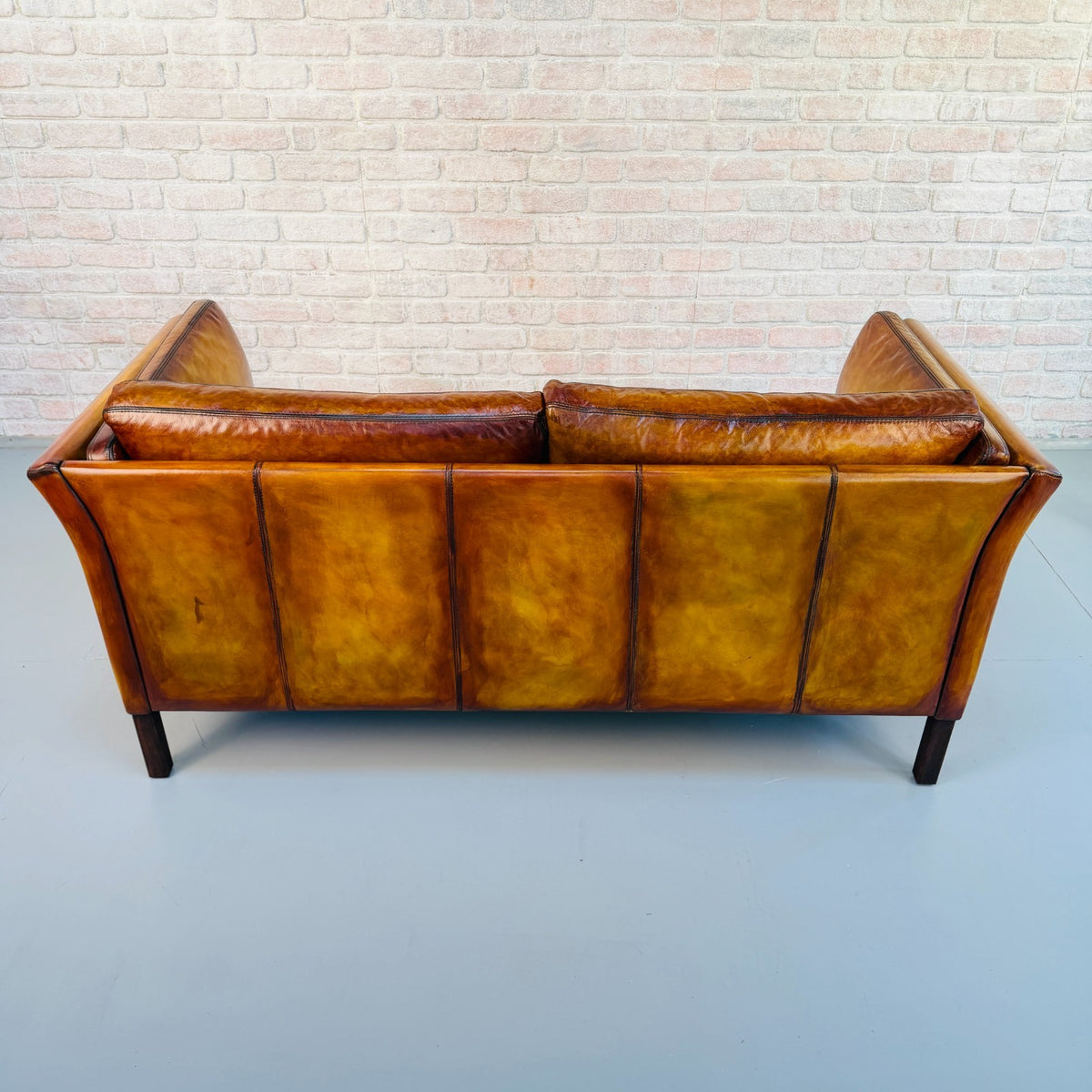 Vintage Danish Hand Dyed Tan Leather 2.5 Seater Sofa Mid Century