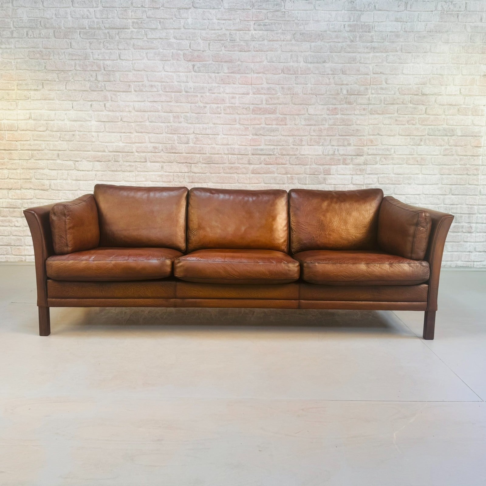 Vintage 1970s Mogens Hansen Danish Three Seater Tan Leather Sofa