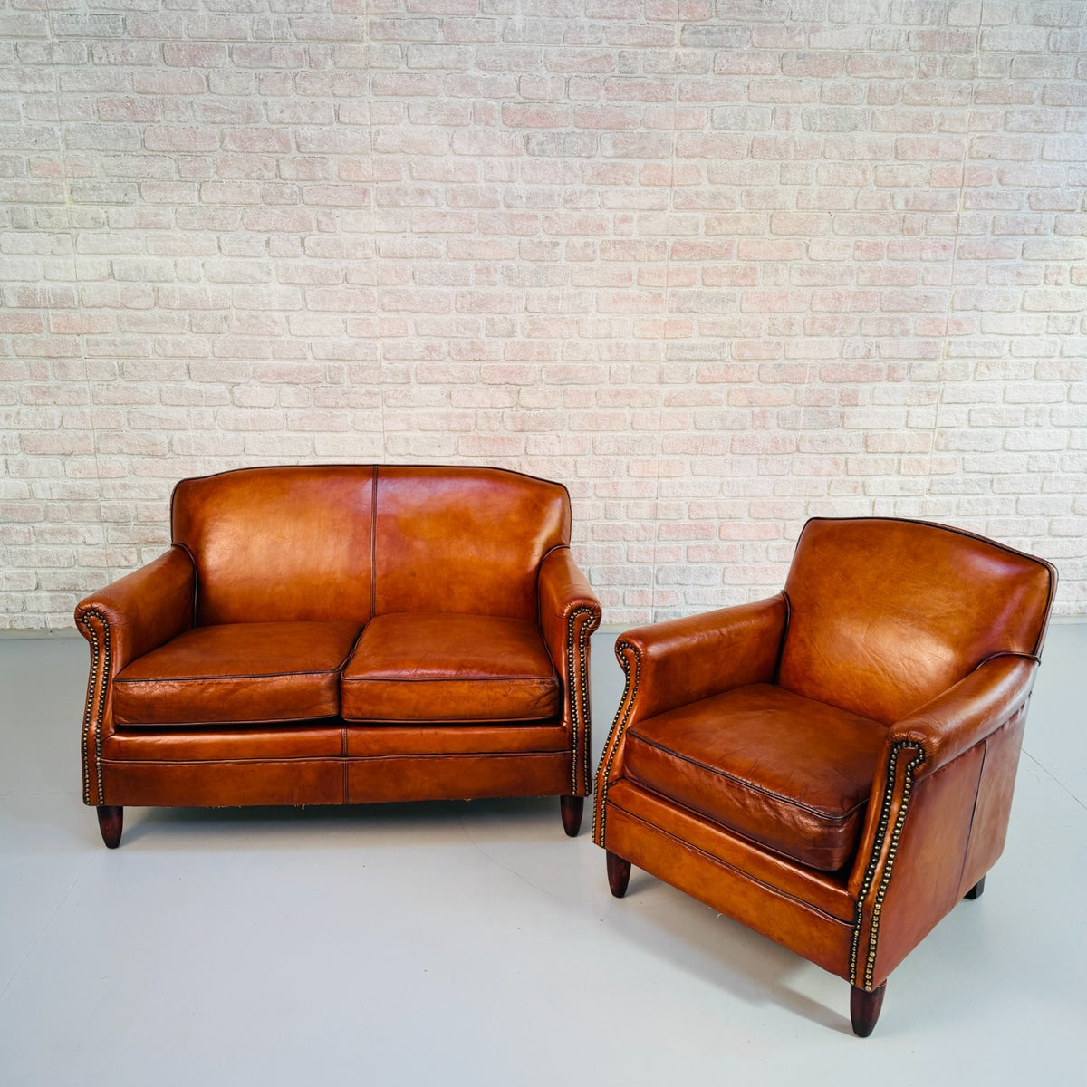 Vintage English Club Cognac Leather 2 Seater Sofa & Armchair Suite