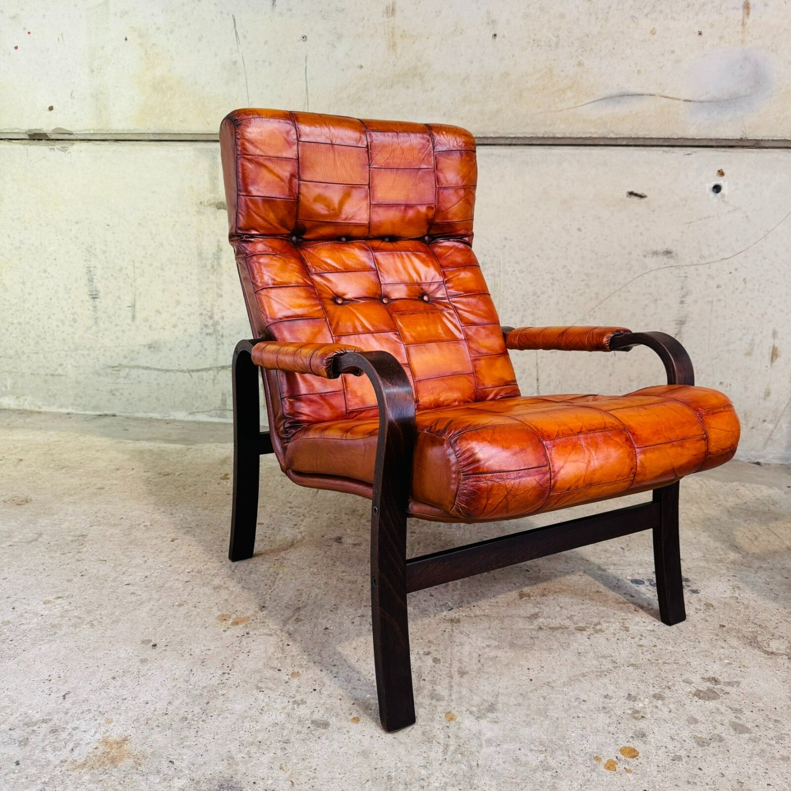 Pair of 1970s Danish Vintage Patchwork Tan Leather Bentwood Chairs