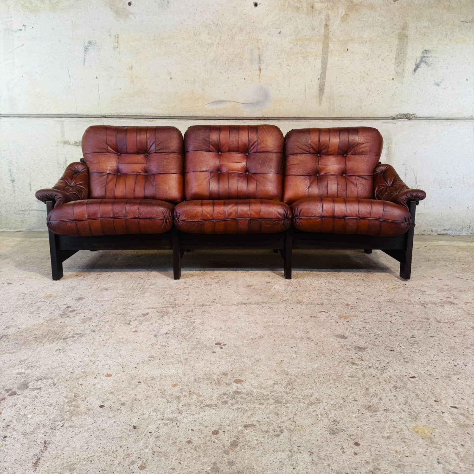 1970s Jean Gillon Brazilian Oak & Tan Leather Three-Seater Sofa