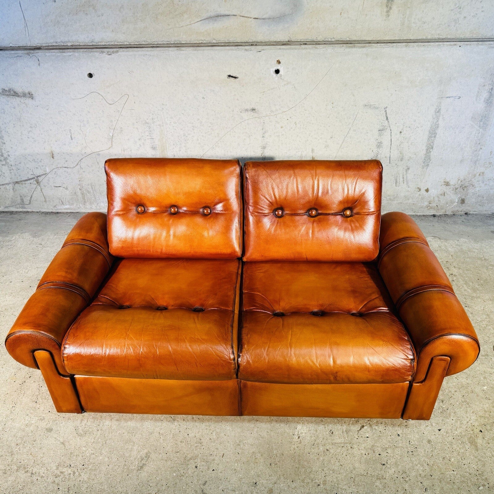 Vintage RetroDanish Leather Two Seater Sofa Hand Dyed Tan, Strap Detail