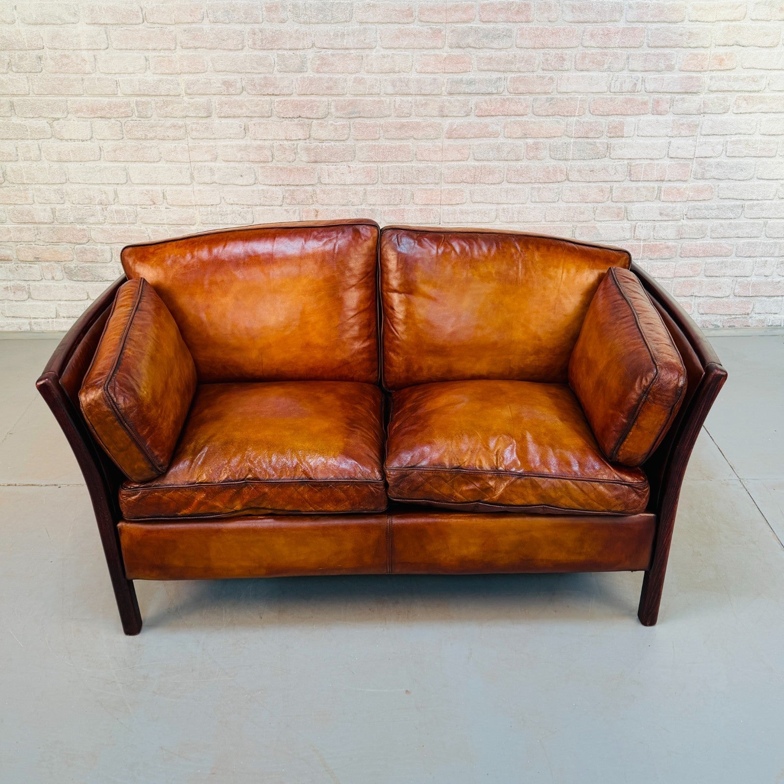 Vintage Danish Stouby Tan Hand-Dyed Leather Two Seater Sofa