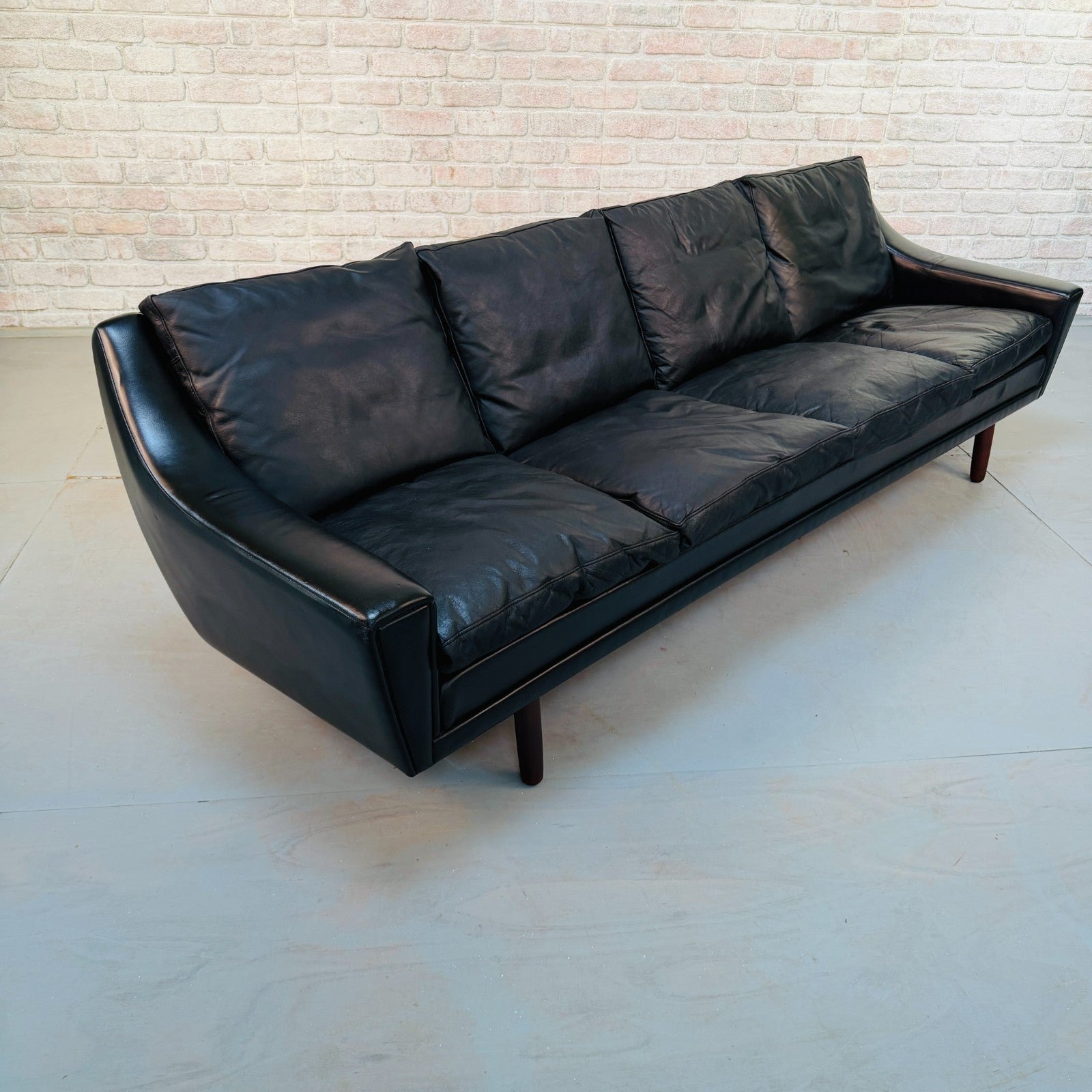 Vintage 1970s Danish George Thams Black Hand-Dyed Leather Four Seater Sofa