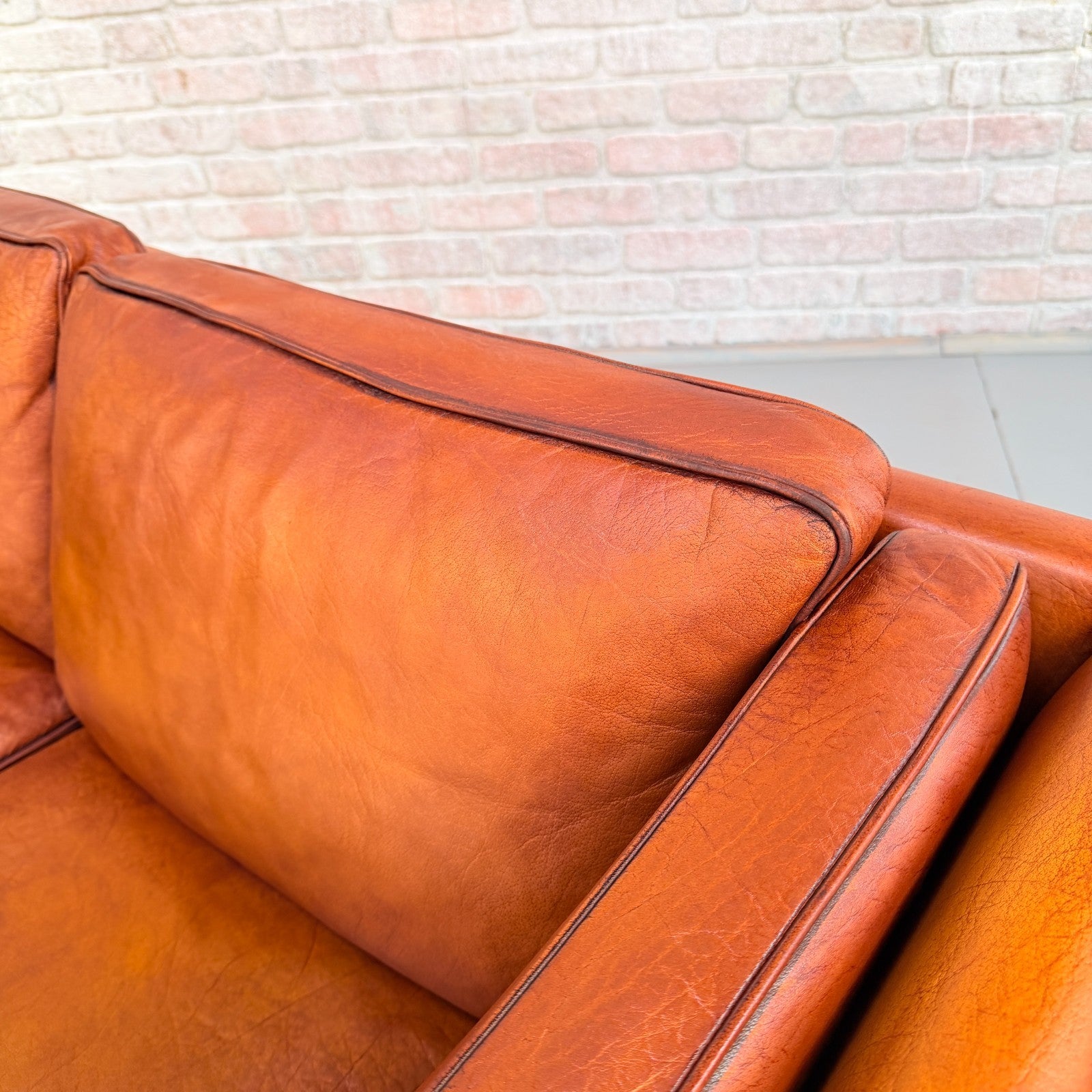 Vintage Danish Tan Leather 2 Seater Sofa Hand Dyed Buffalo Leather Patina