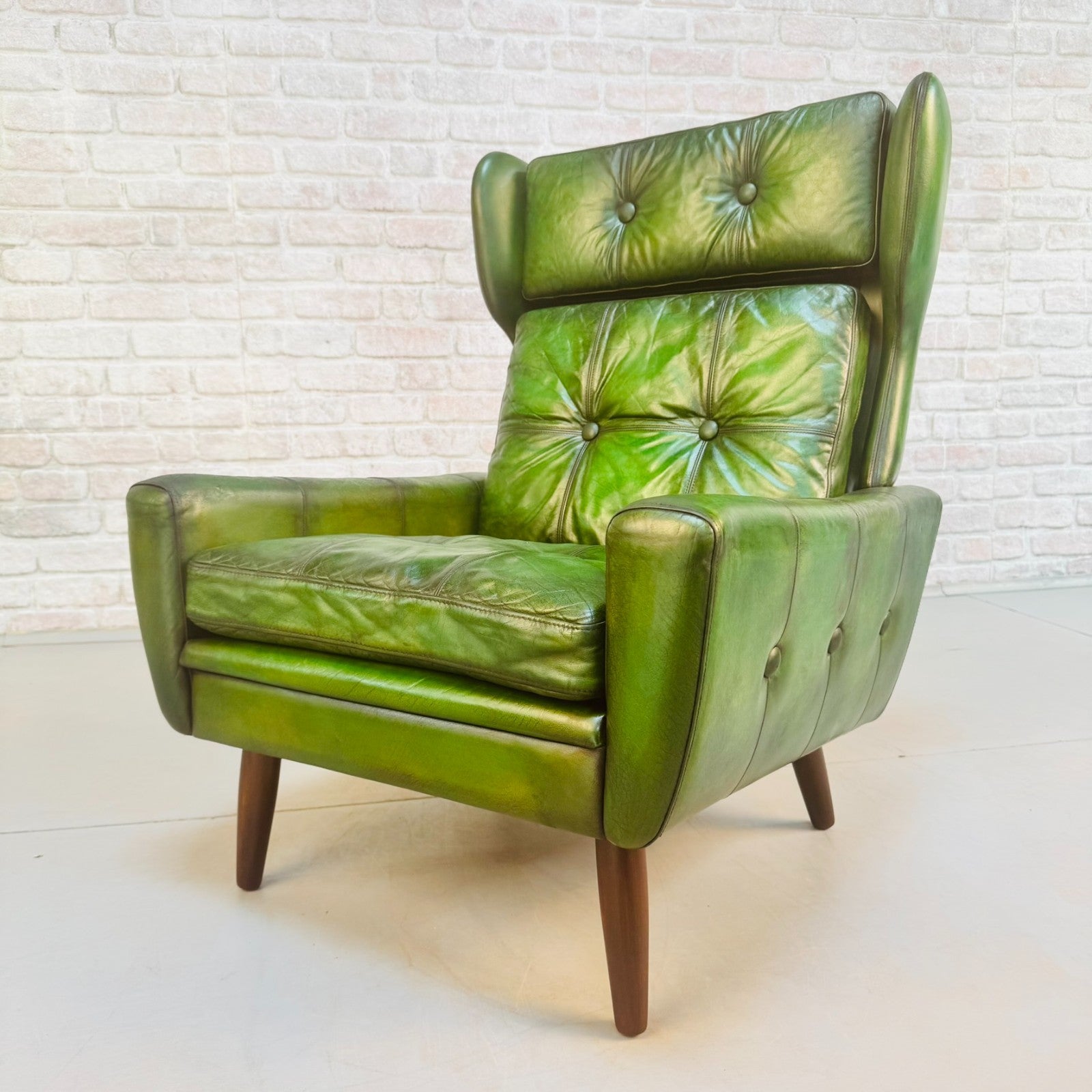 Vintage 1970s Svend Skippers High Back Green Leather Armchair