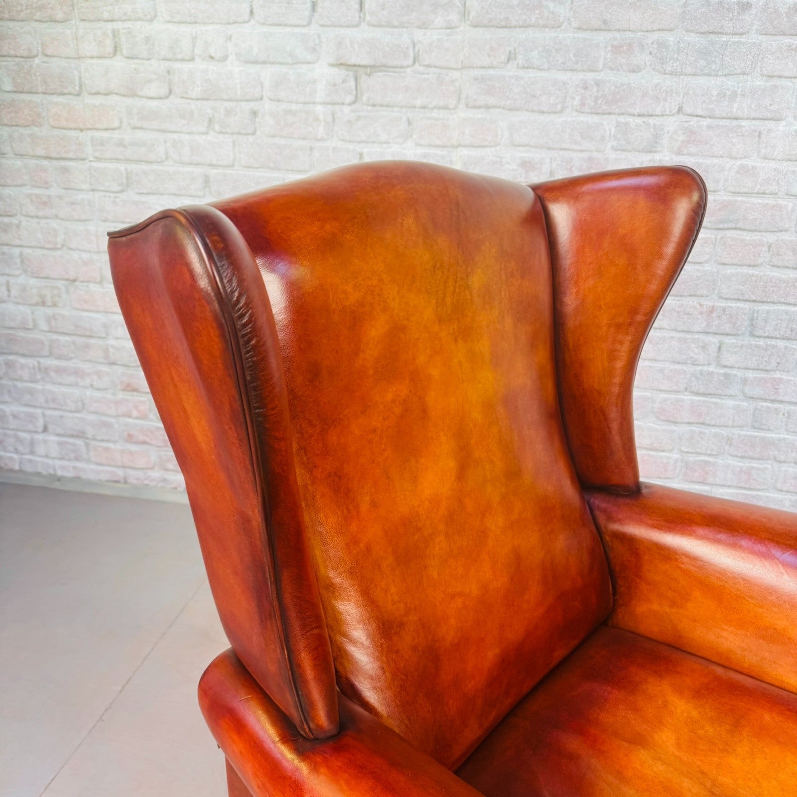 Vintage Danish Wingback Tan Leather Chair & Footstool