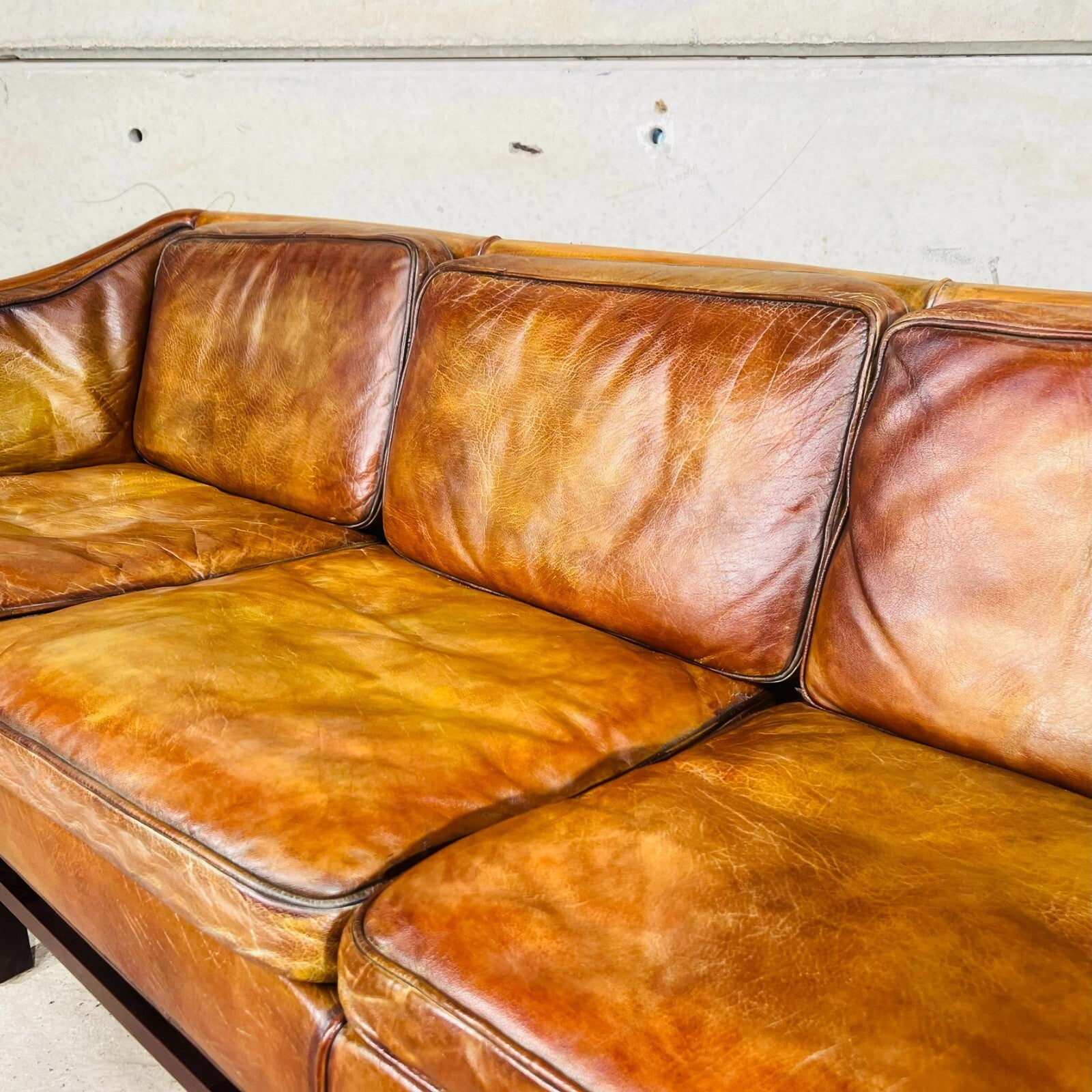 Vintage Erik Jorgensen 70s Danish Tan Three-Seater Leather Sofa