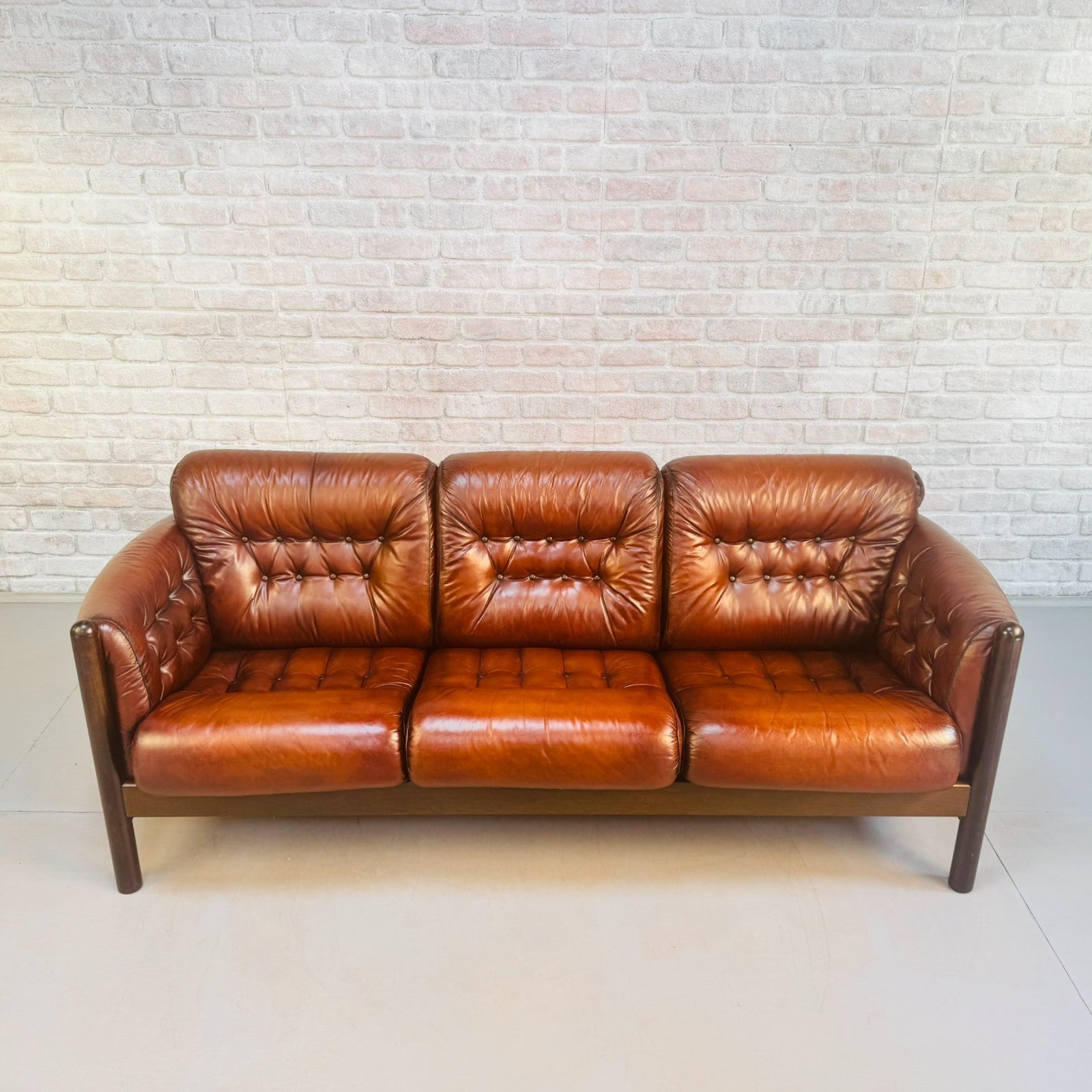 Vintage 1970s Swedish Tan Leather Three Seater Sofa