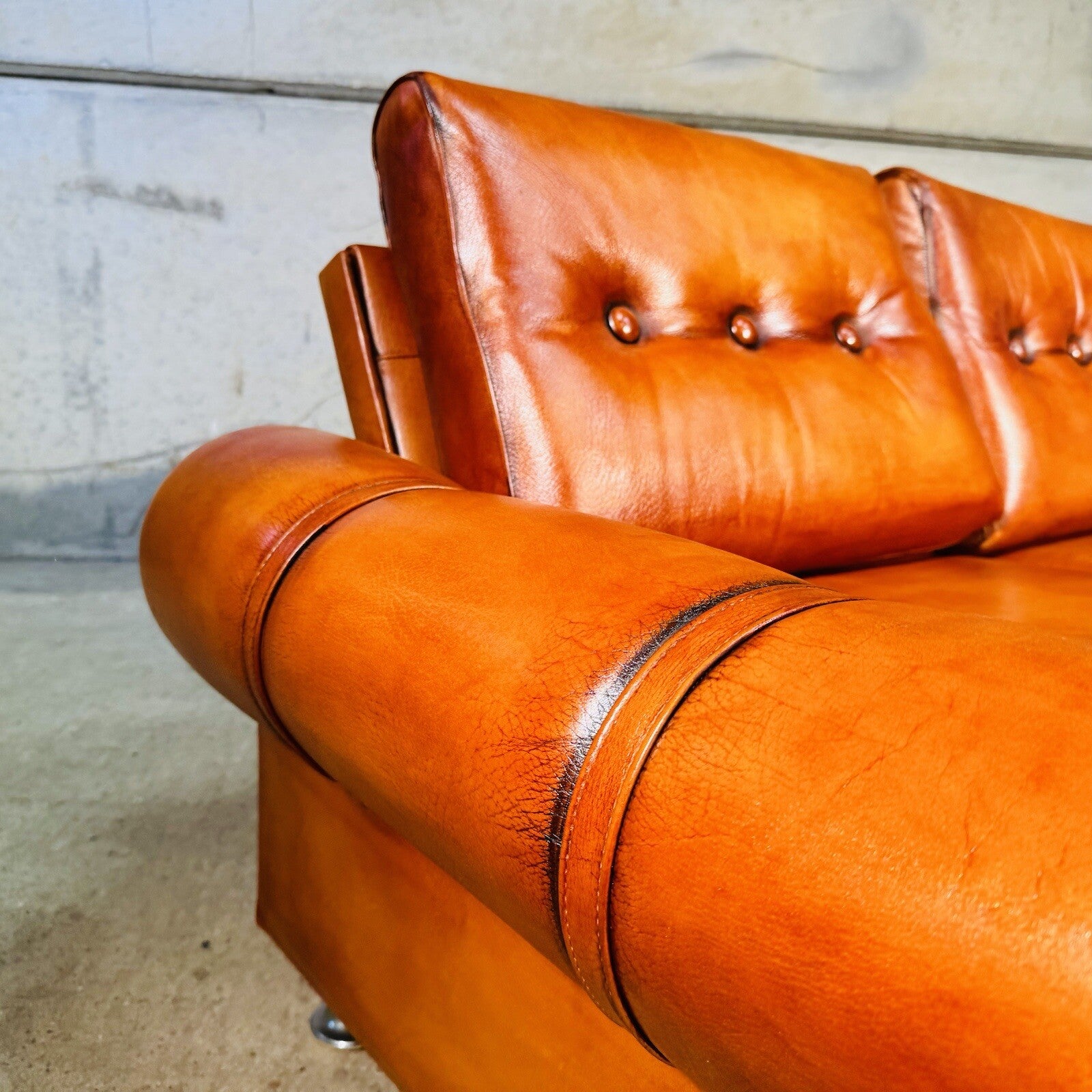 Vintage RetroDanish Leather Two Seater Sofa Hand Dyed Tan, Strap Detail