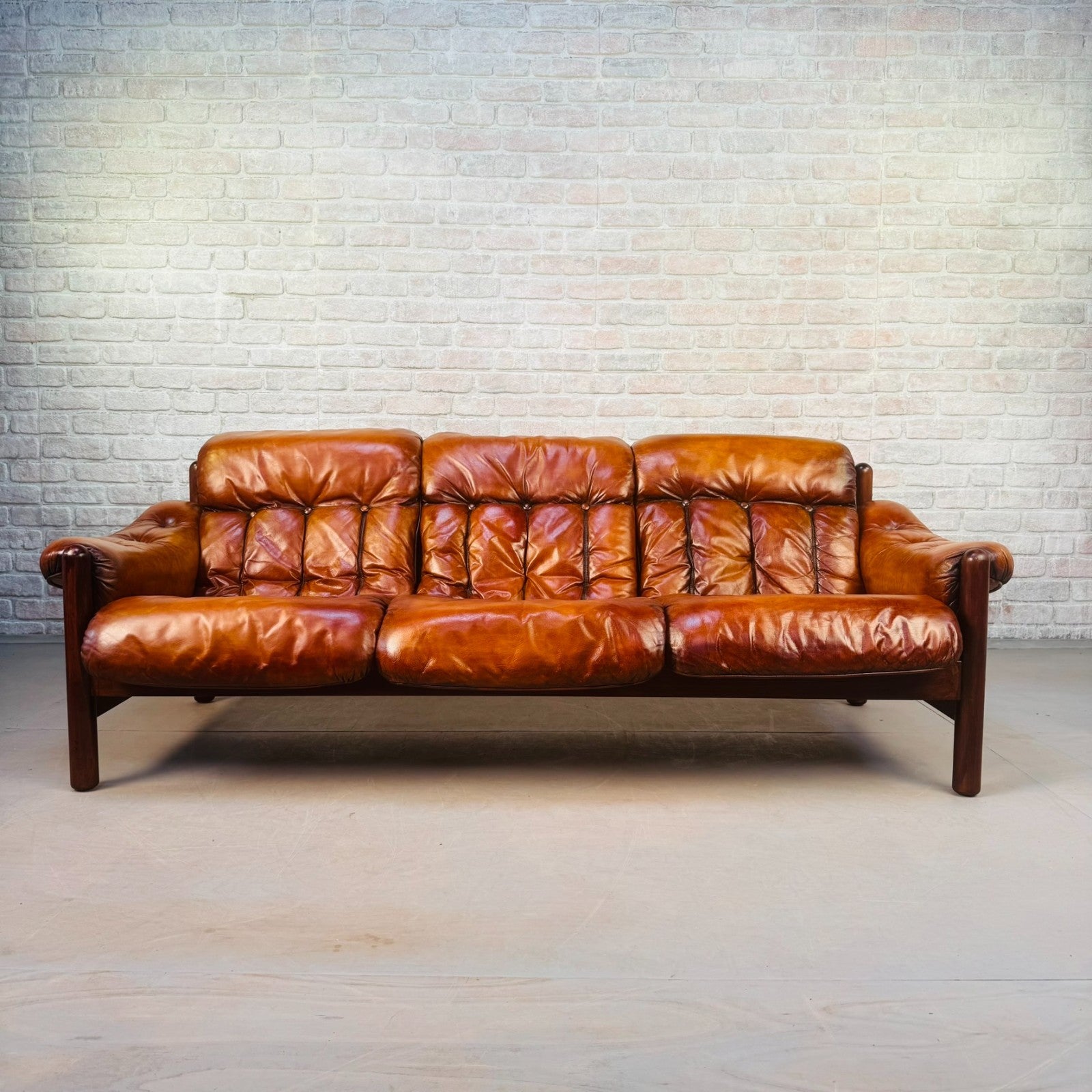 Long Vintage Swedish Tan Leather Three Seater Sofa
