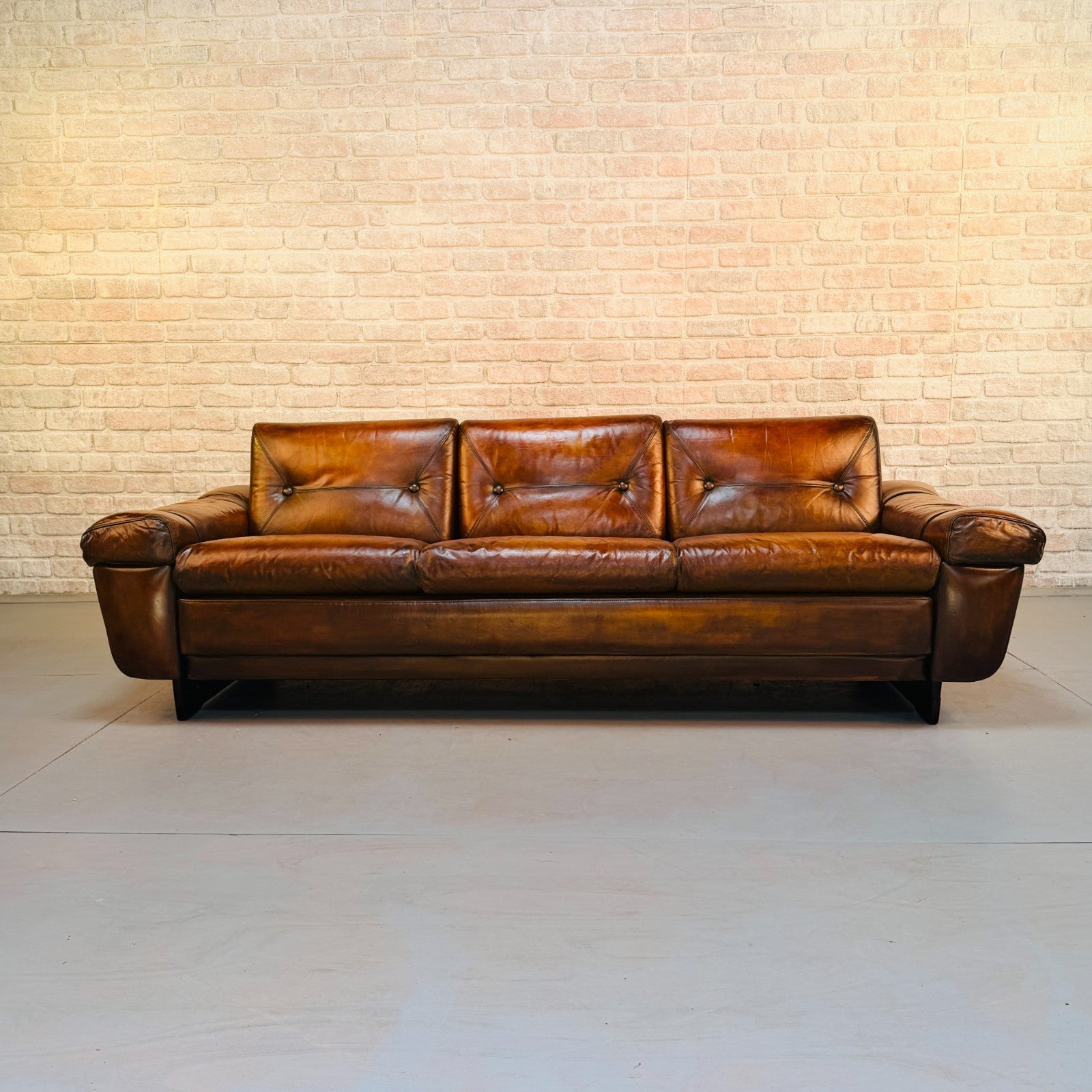 Vintage Svend Skippers Danish Tan Leather 3 Seater Sofa Hand Dyed Patina
