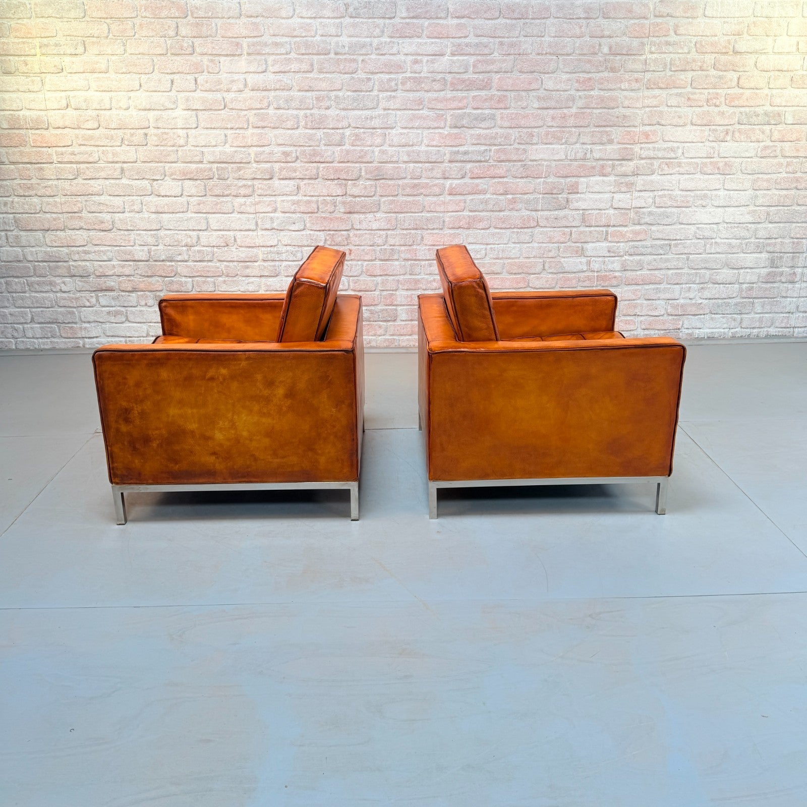 Vintage Pair of Florence Knoll Style Tan Leather Armchairs