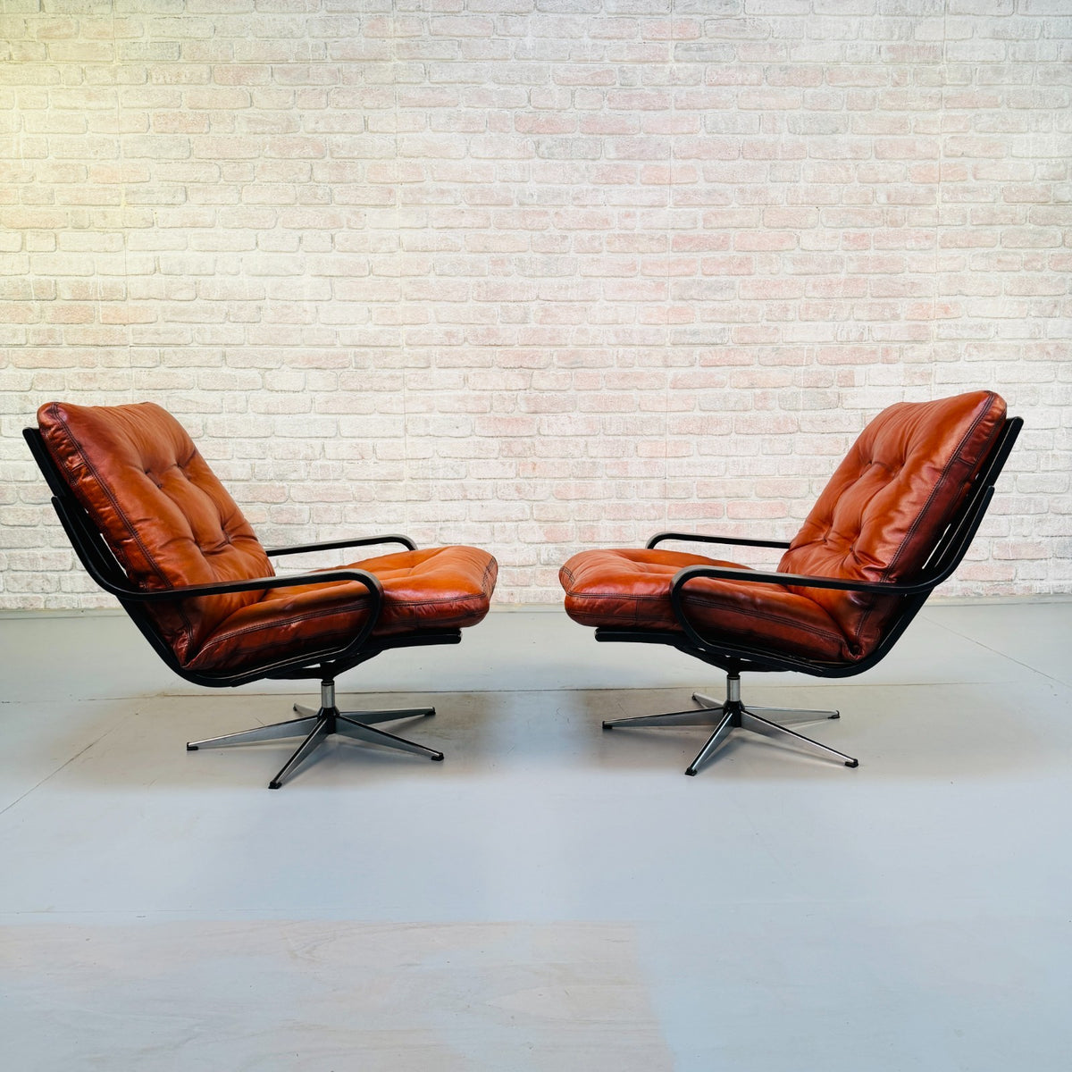 Pair Vintage Danish Cognac Tan Leather Swivel Armchairs Black Beech Frames