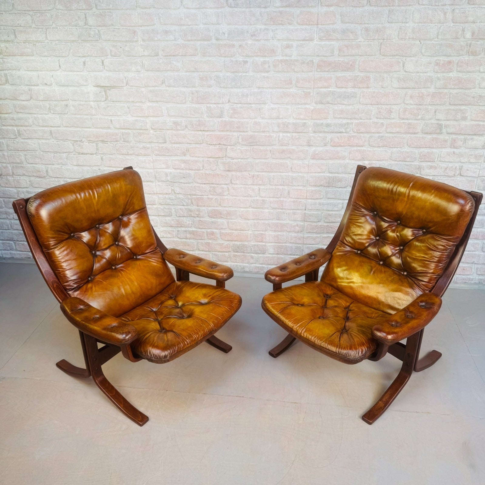 Pair of Vintage Danish Tan Leather Armchairs High Back Mid Century Chairs