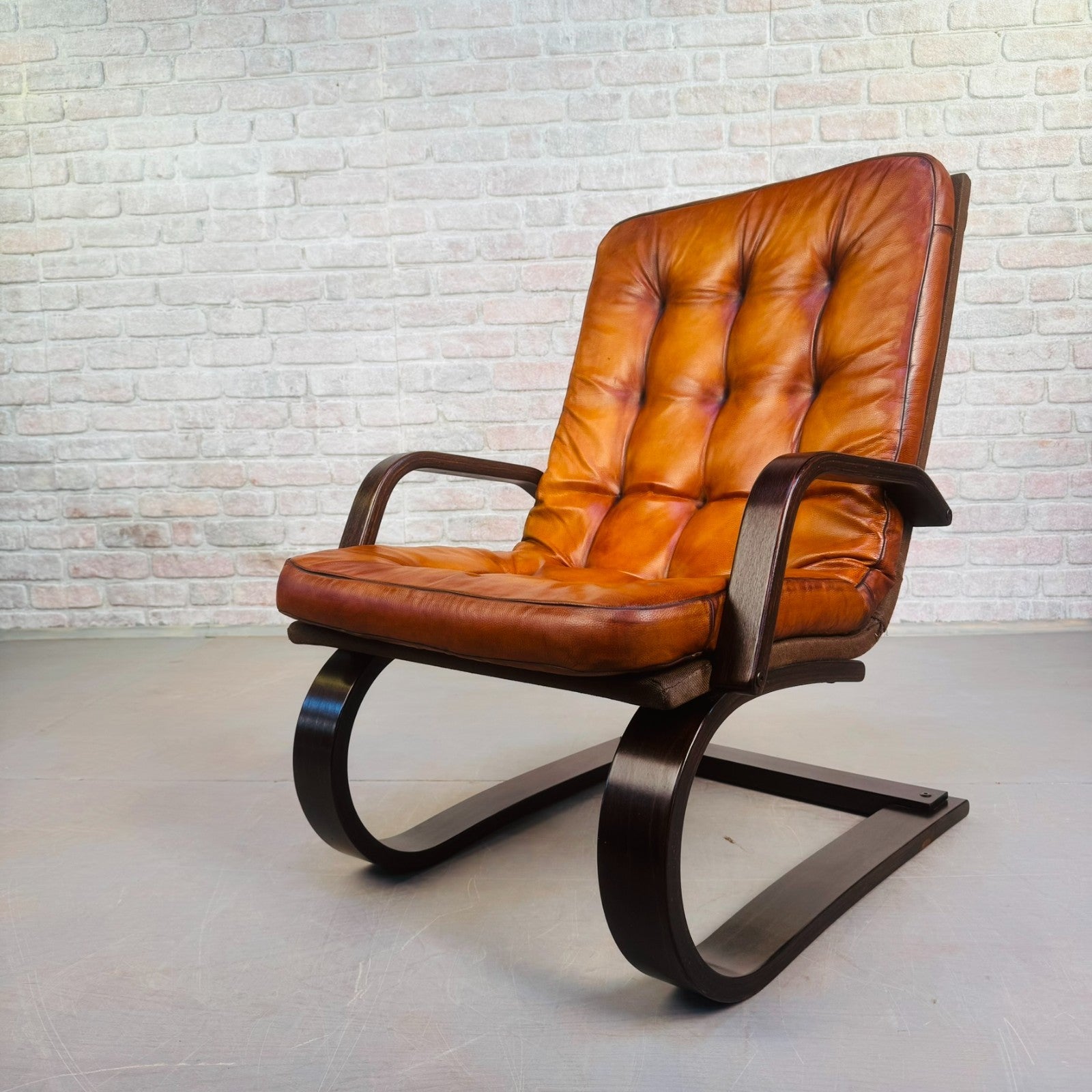 Vintage Danish Bentwood Tan Leather Armchair – Compact, Comfortable