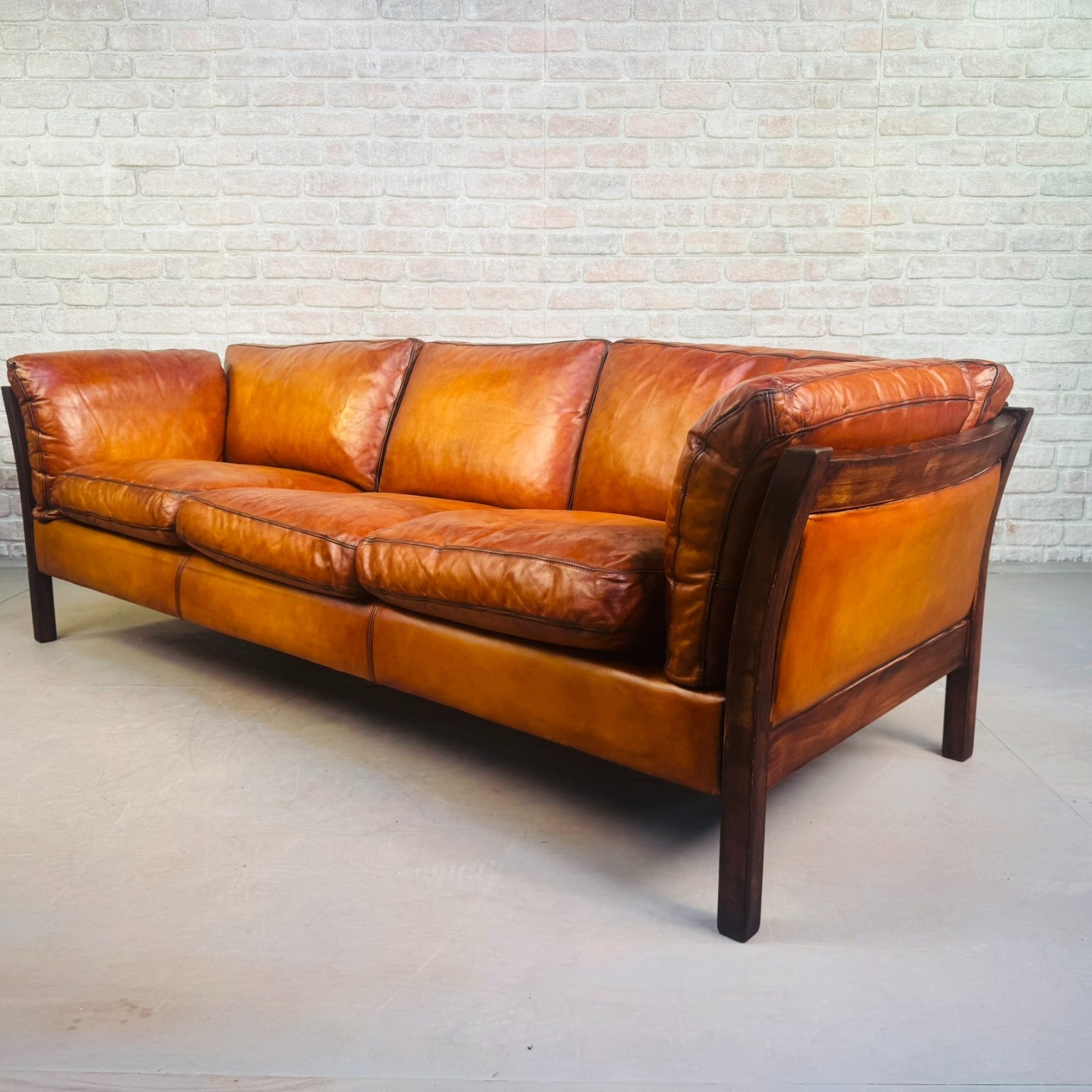 Long Vintage Danish Cognac Leather 3 Seater Sofa Mid Century Feather Filled