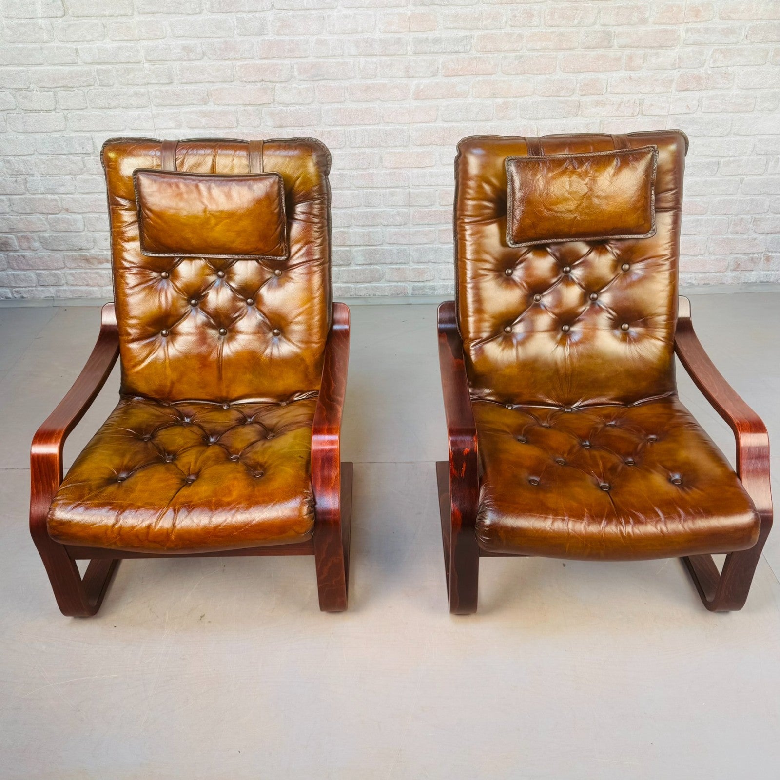 Pair of Vintage Scandinavian Tan Leather Bentwood Armchairs