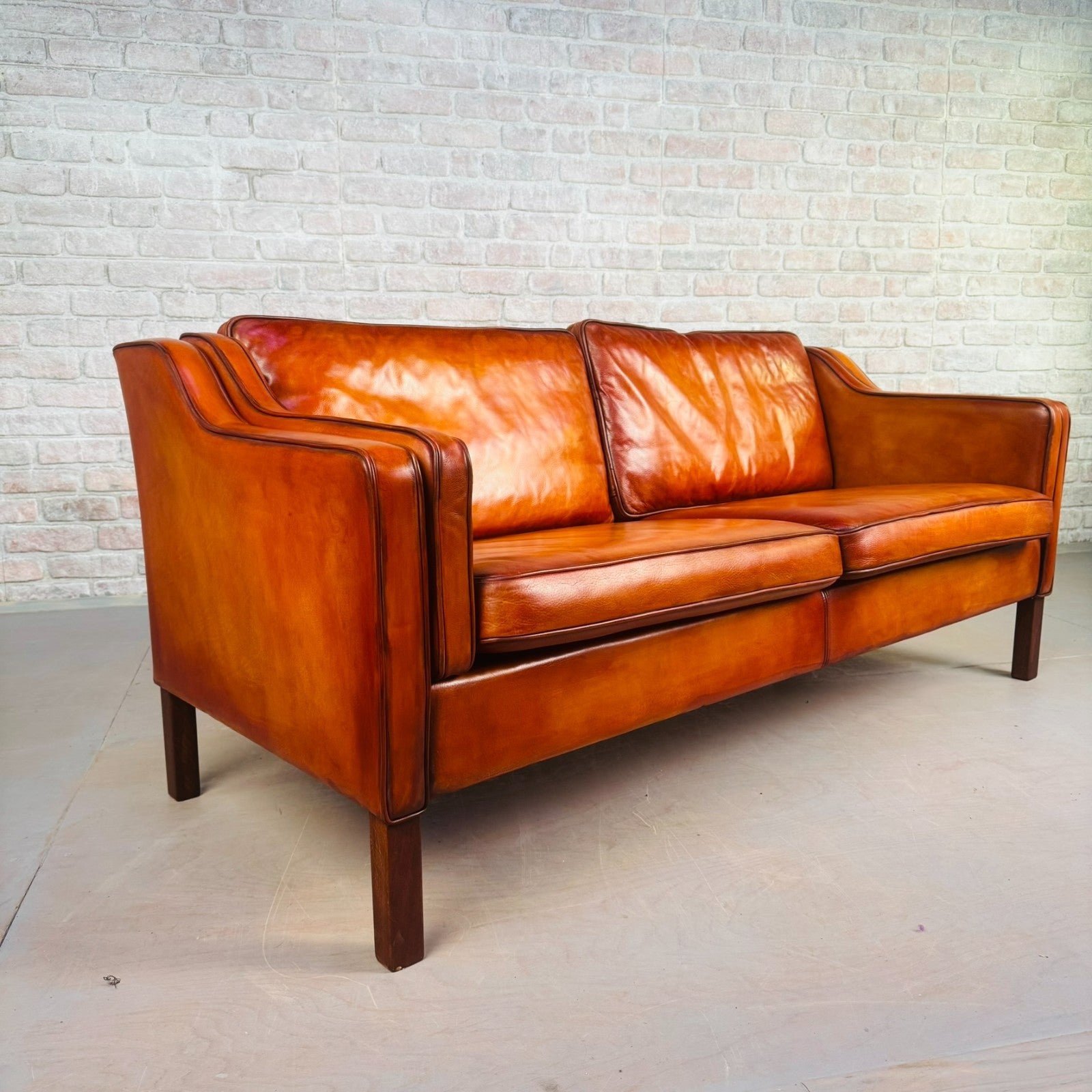 Stylish Pair of Vintage Danish Tan Leather 2.5 Seater Sofas