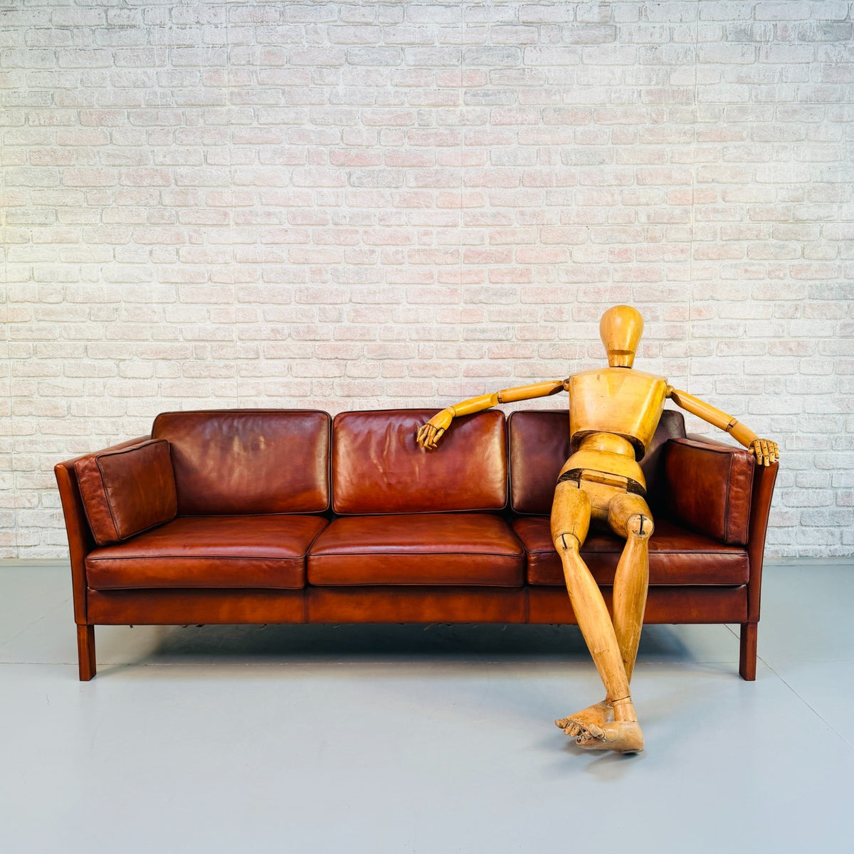 1970s Vintage Danish Tan Cognac Leather 3 Seater Sofa – Hand Dyed Patina
