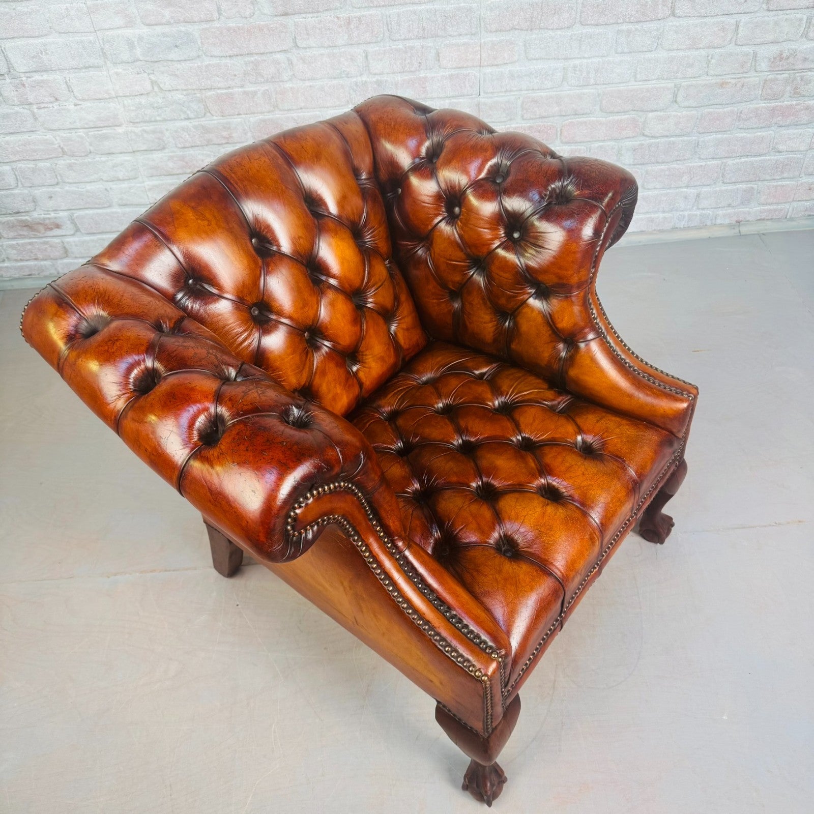 Vintage English Chesterfield Tan Leather Armchair Ball & Claw Mahogany Chair