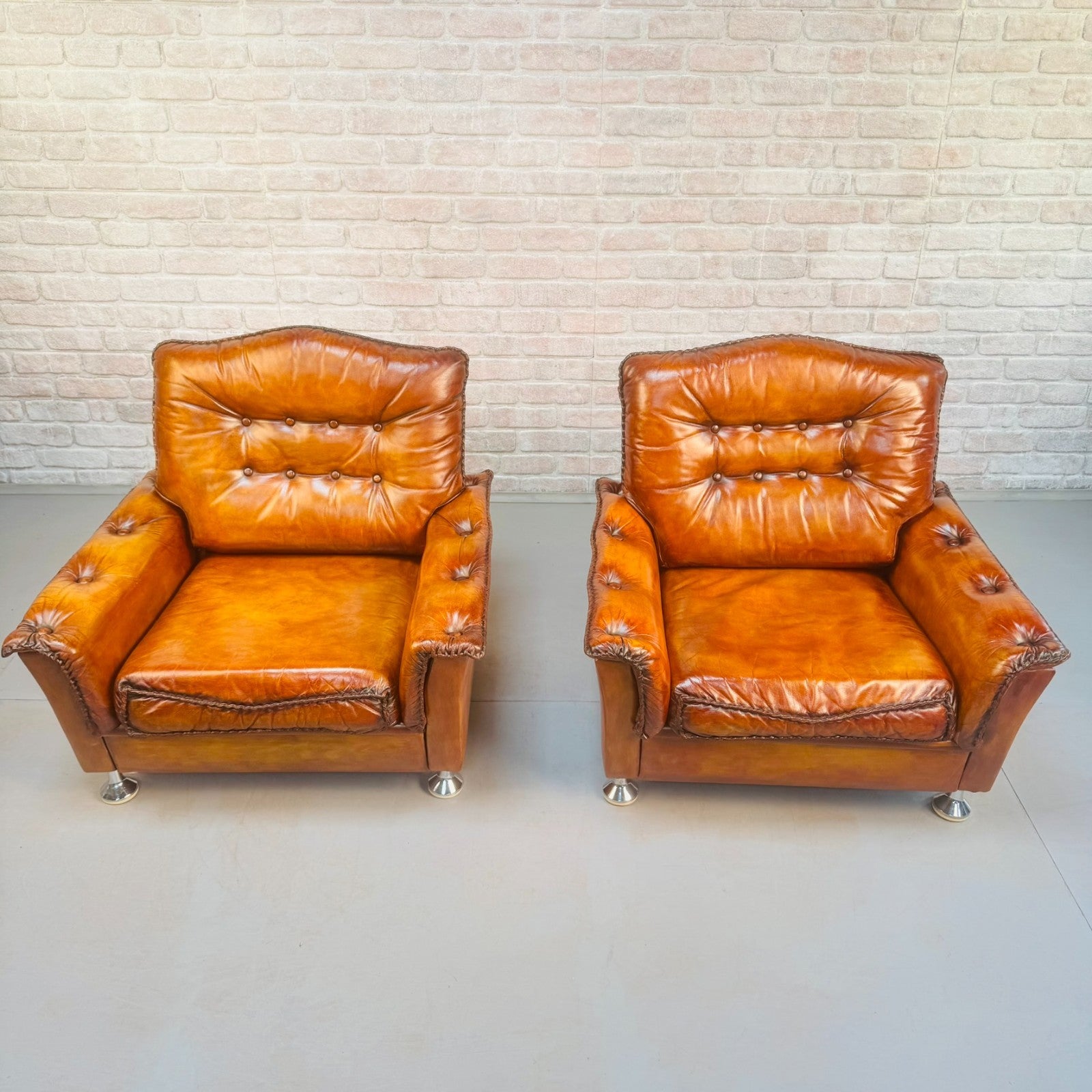 Vintage Danish Pair of Tan Leather Armchairs