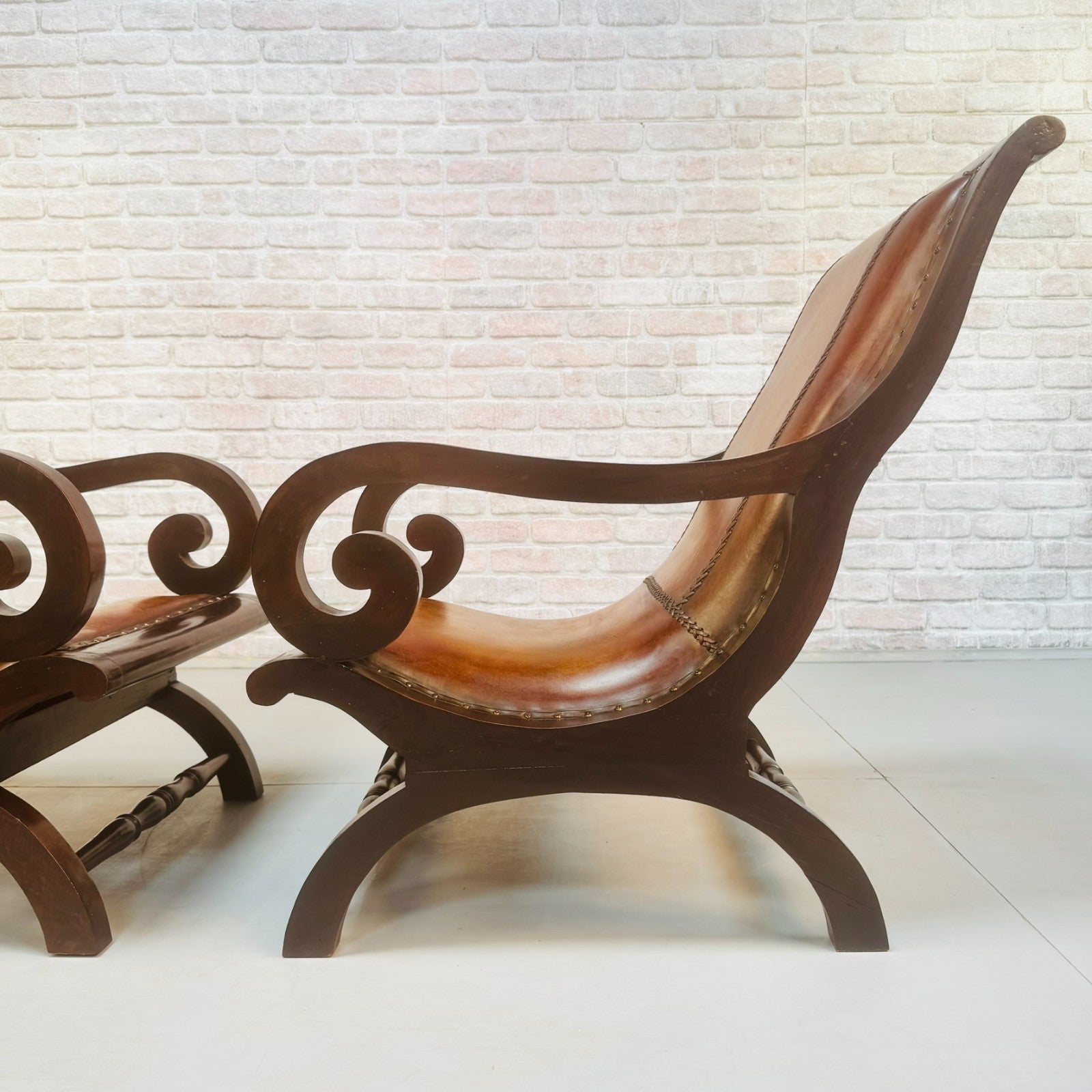 Vintage Danish Pair of Tan Leather Slipper Lounge Armchairs Mahogany Frame 1970s