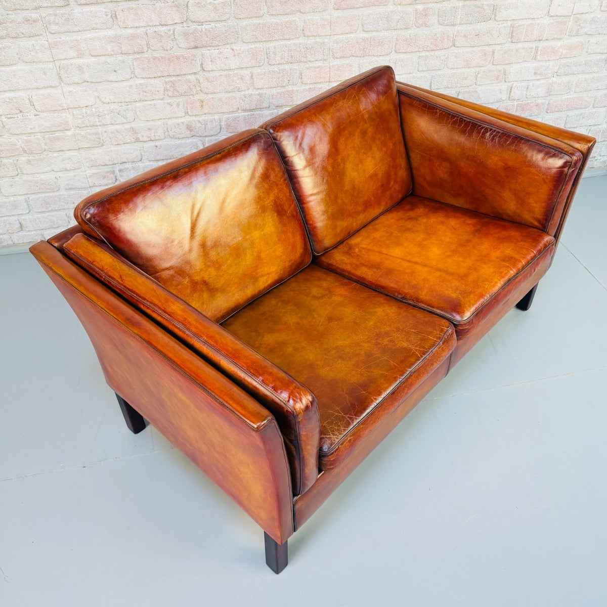 Vintage Danish Tan Leather 2 Seater Sofa – Mid Century Modern Hand Dyed Patina