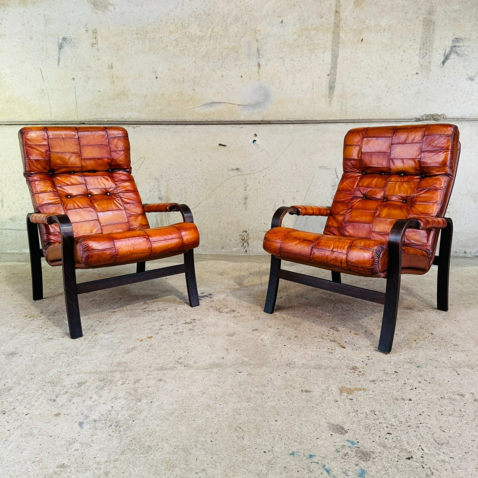 Pair of 1970s Danish Vintage Patchwork Tan Leather Bentwood Chairs