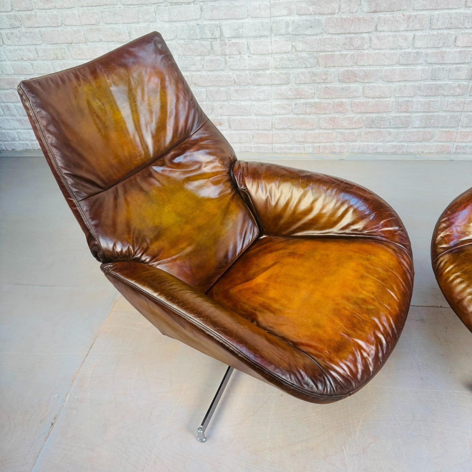 Stylish Vintage Danish Tan Leather Swivel Reclining Armchairs – Beautiful Patina