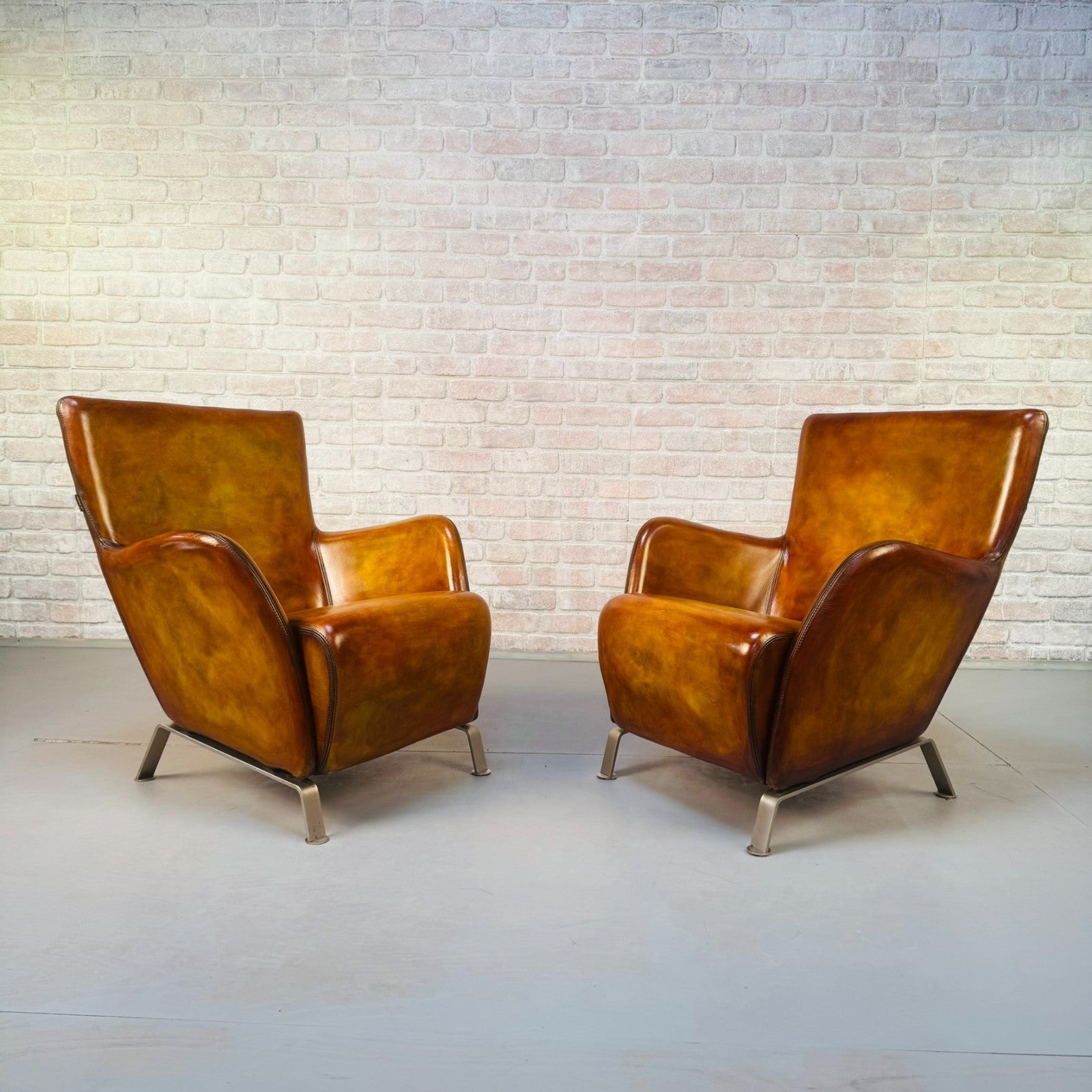 Contemporary Danish Hand Dyed Light Tan Leather Armchairs