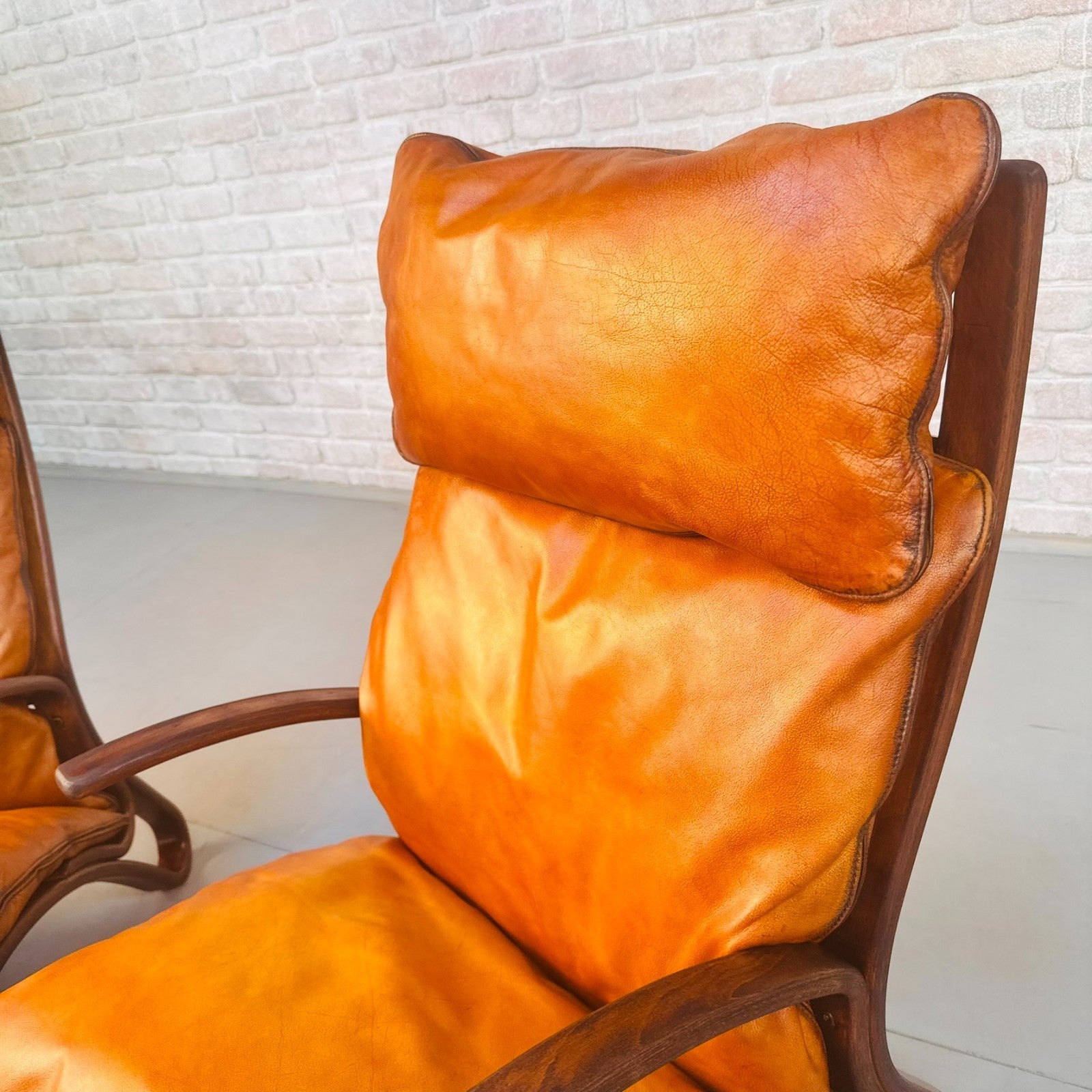 Pair Vintage Danish Bentwood Chairs Tan Leather Elegant Lounge Chairs