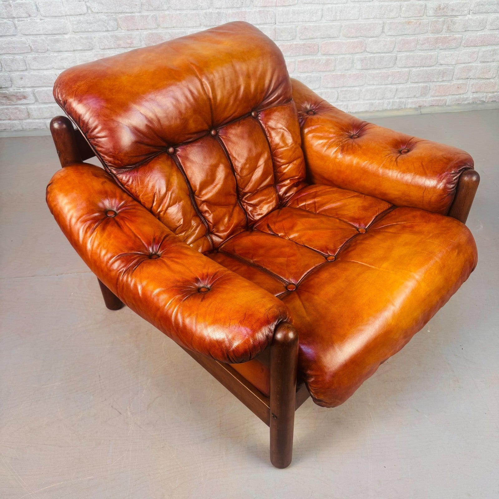 Vintage Swedish Cognac Leather Armchair Mid Century Scandinavian Lounge Chair