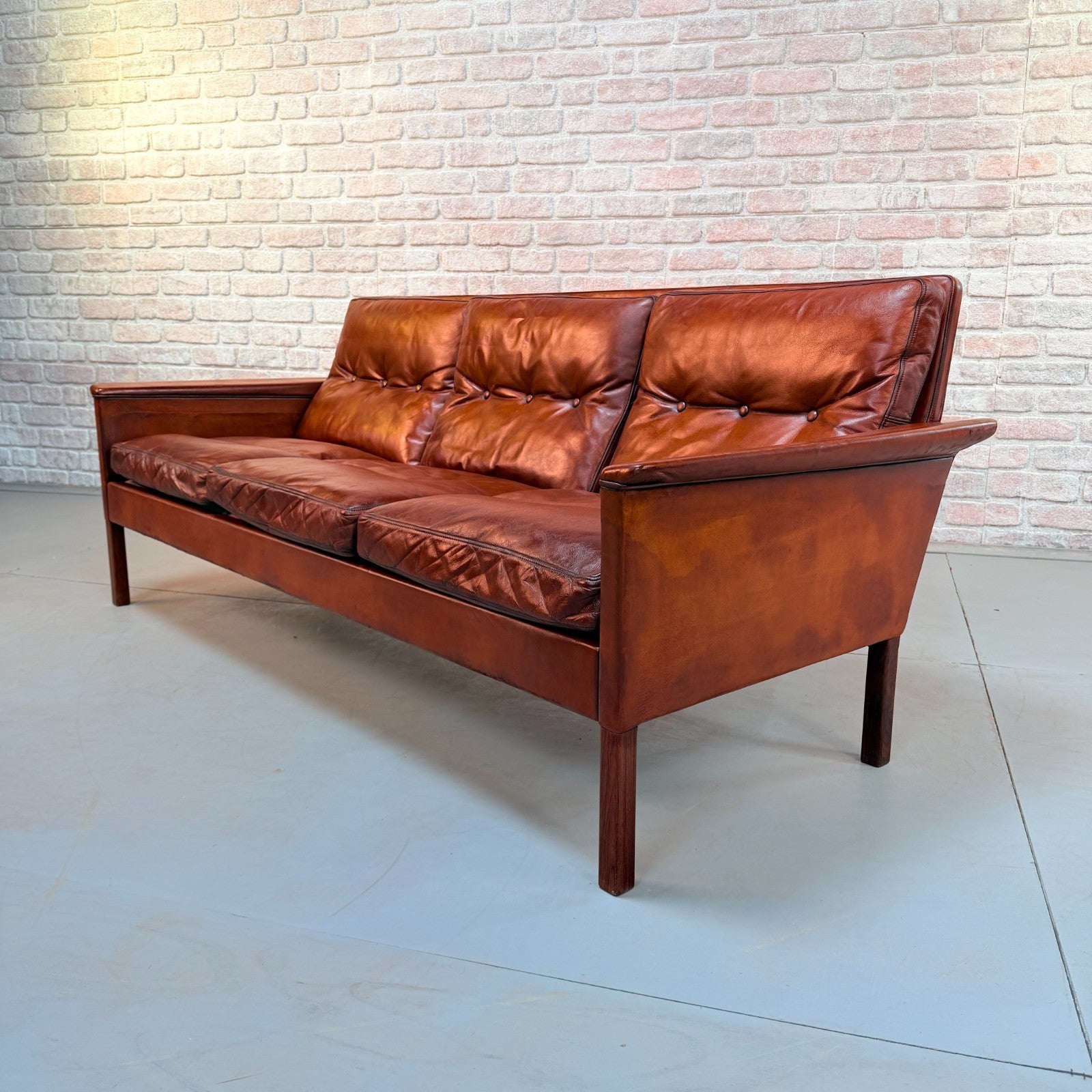Vintage 1960s Danish Hans Olsen Brown Hand-Dyed Leather Three Seater Sofa