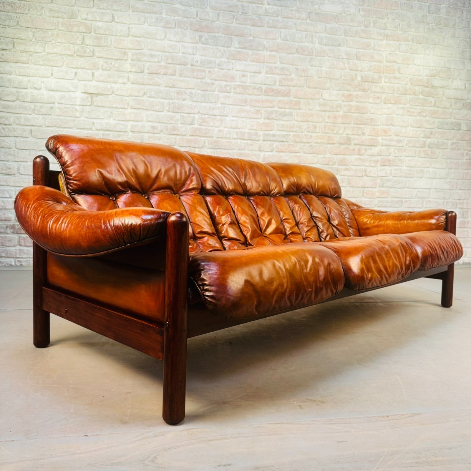 Long Vintage Swedish Tan Leather Three Seater Sofa